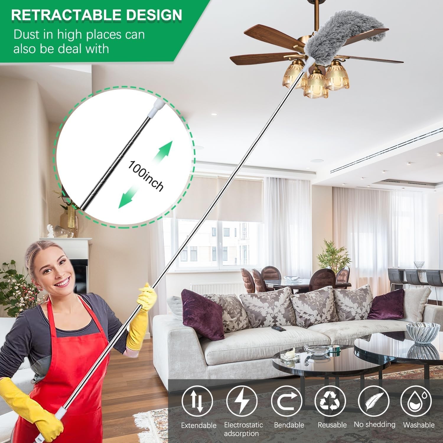 Microfiber Ceiling Fan Duster-Cobweb Cleaner Brush Kit Telescopic Extension Pole