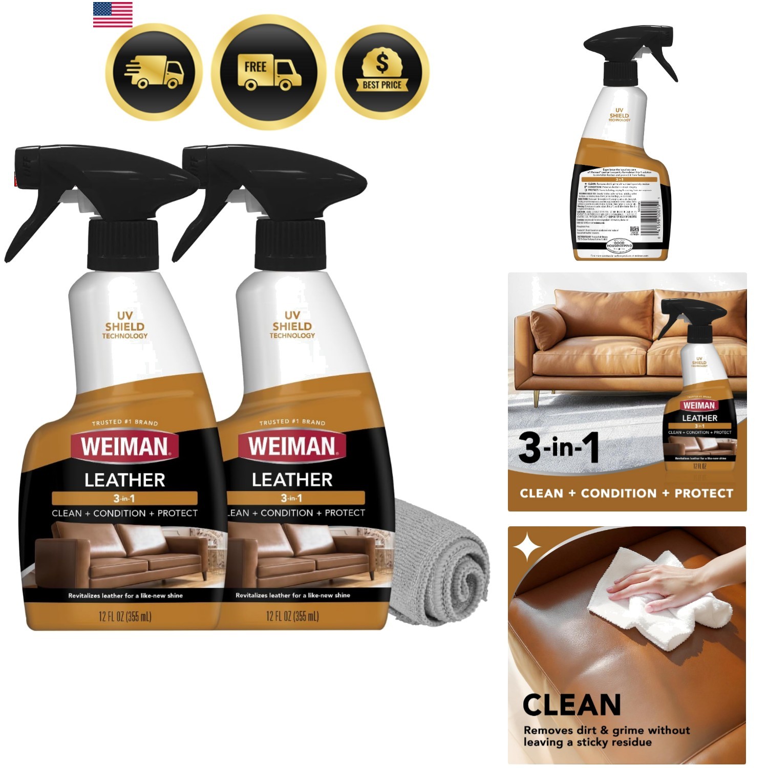 Leather Cleaner and Conditioner for Furniture – 12 Ounce – 2 Pack – Ultra Vio…