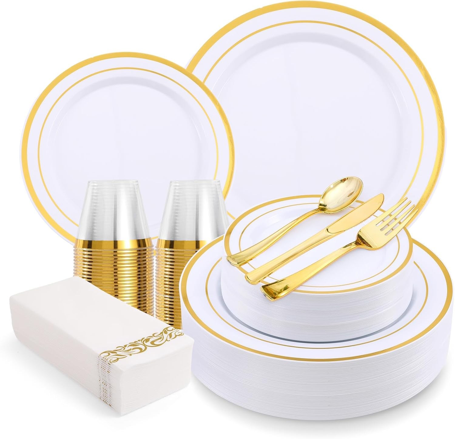 350-Piece Gold Rim Plastic Dinnerware Set for 50 Guests, Elegant Disposable Di