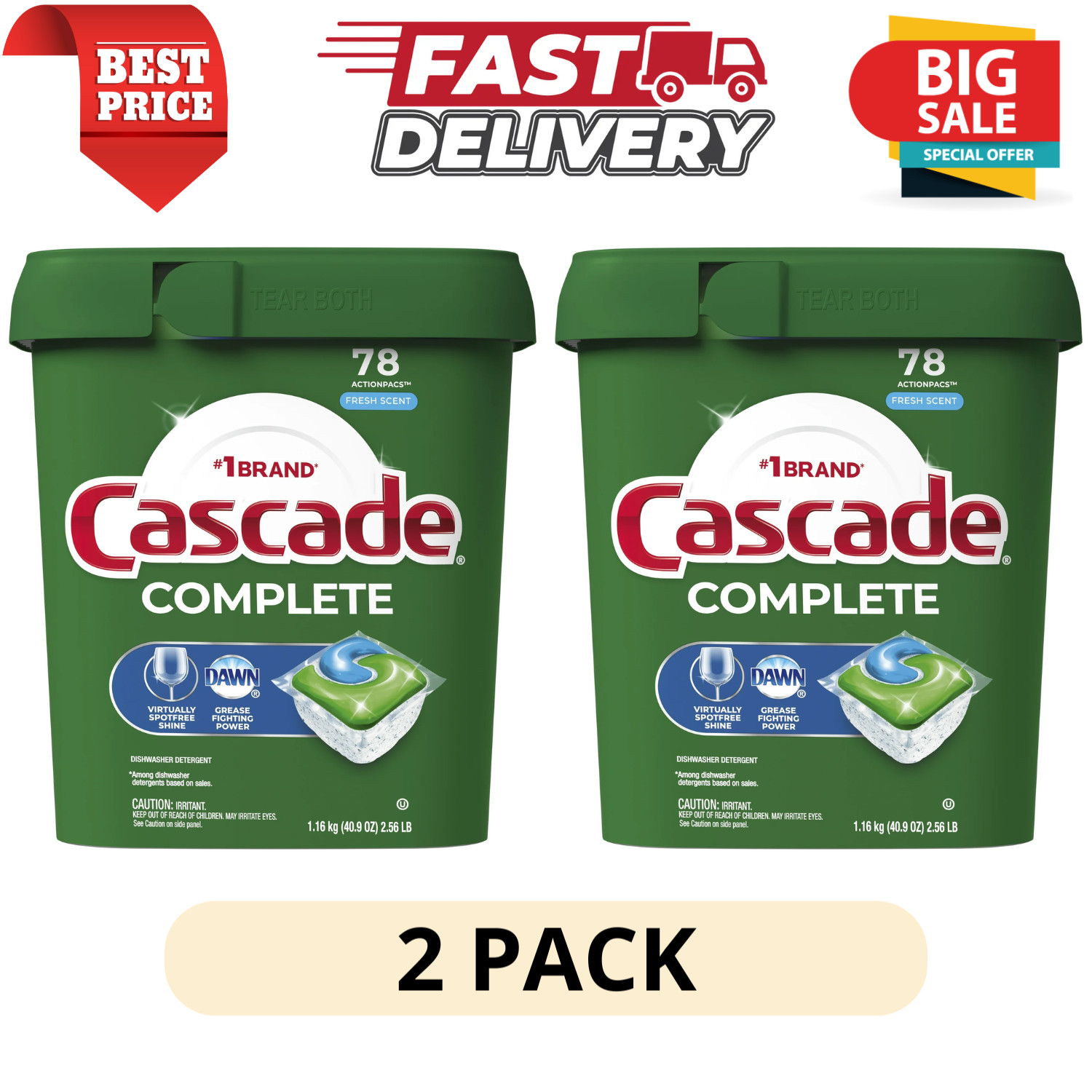 (2 Pack) Cascade Complete ActionPacs 78 Ct Fresh Scent Dishwasher Pods Grease