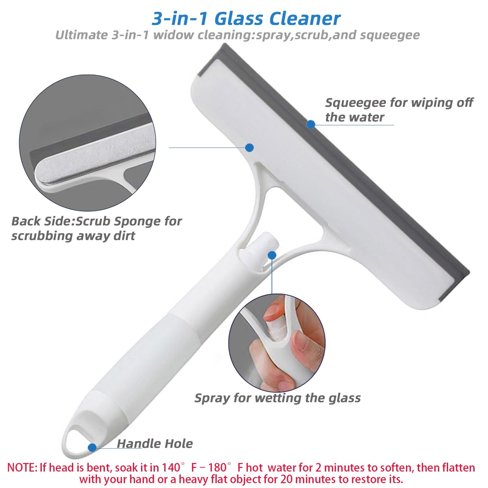 3 in 1 Window Squeegee, Cleaning Scraper with Scrubber Sponge Sprayer Clean K…