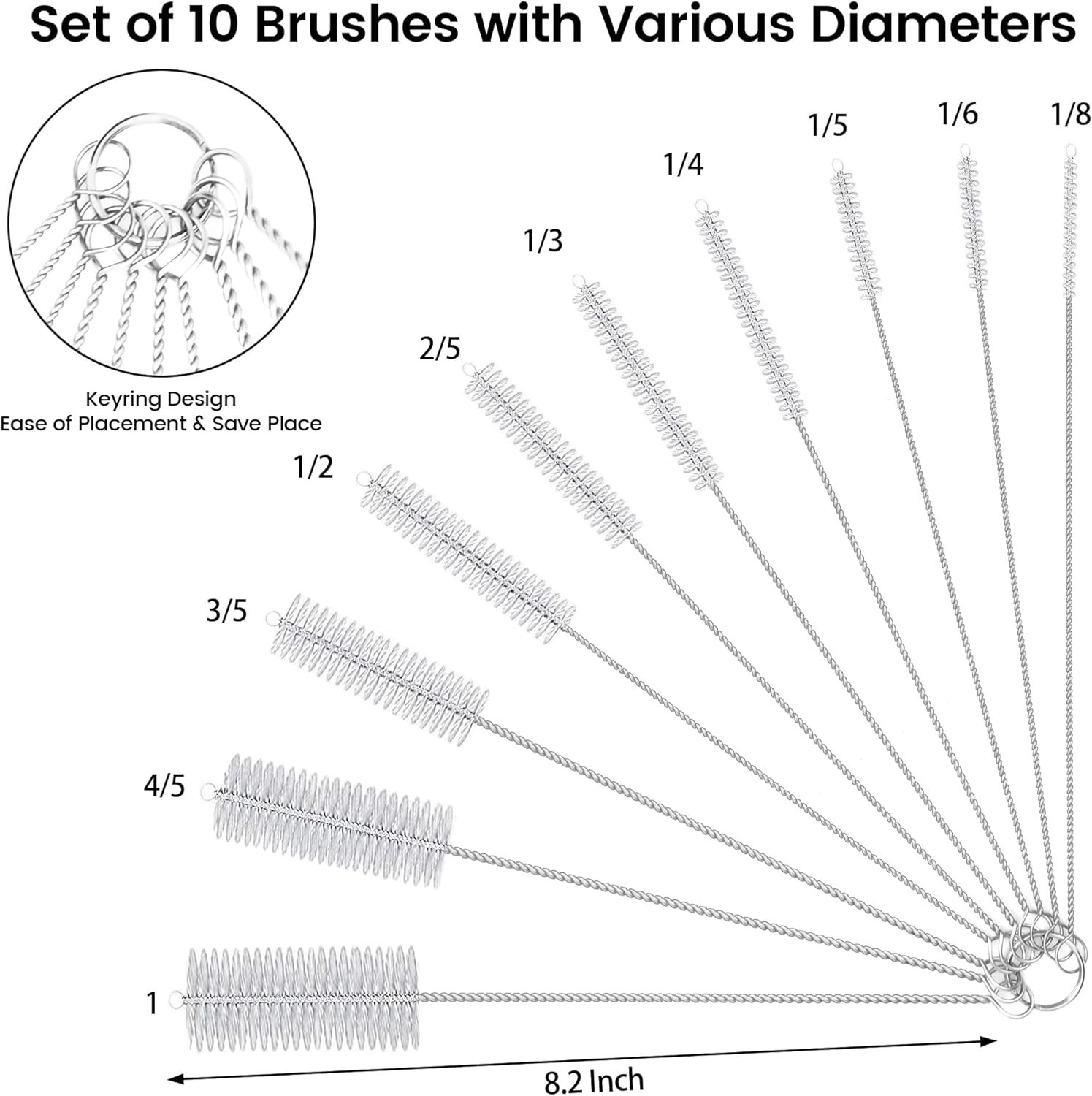 10 Pack Reusable Straw & Tube Cleaner Brushes Assorted Sizes