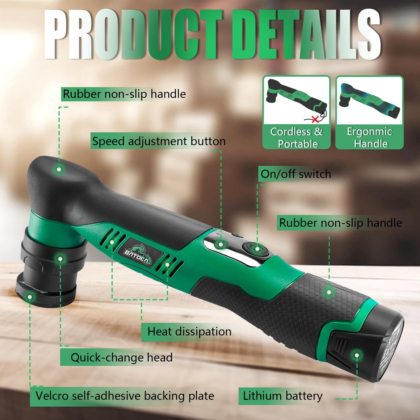 Cordless Car Buffer Polisher Kit Dual Action Rotary 1 Inch 3 Inch 2x 2.0Ah 6