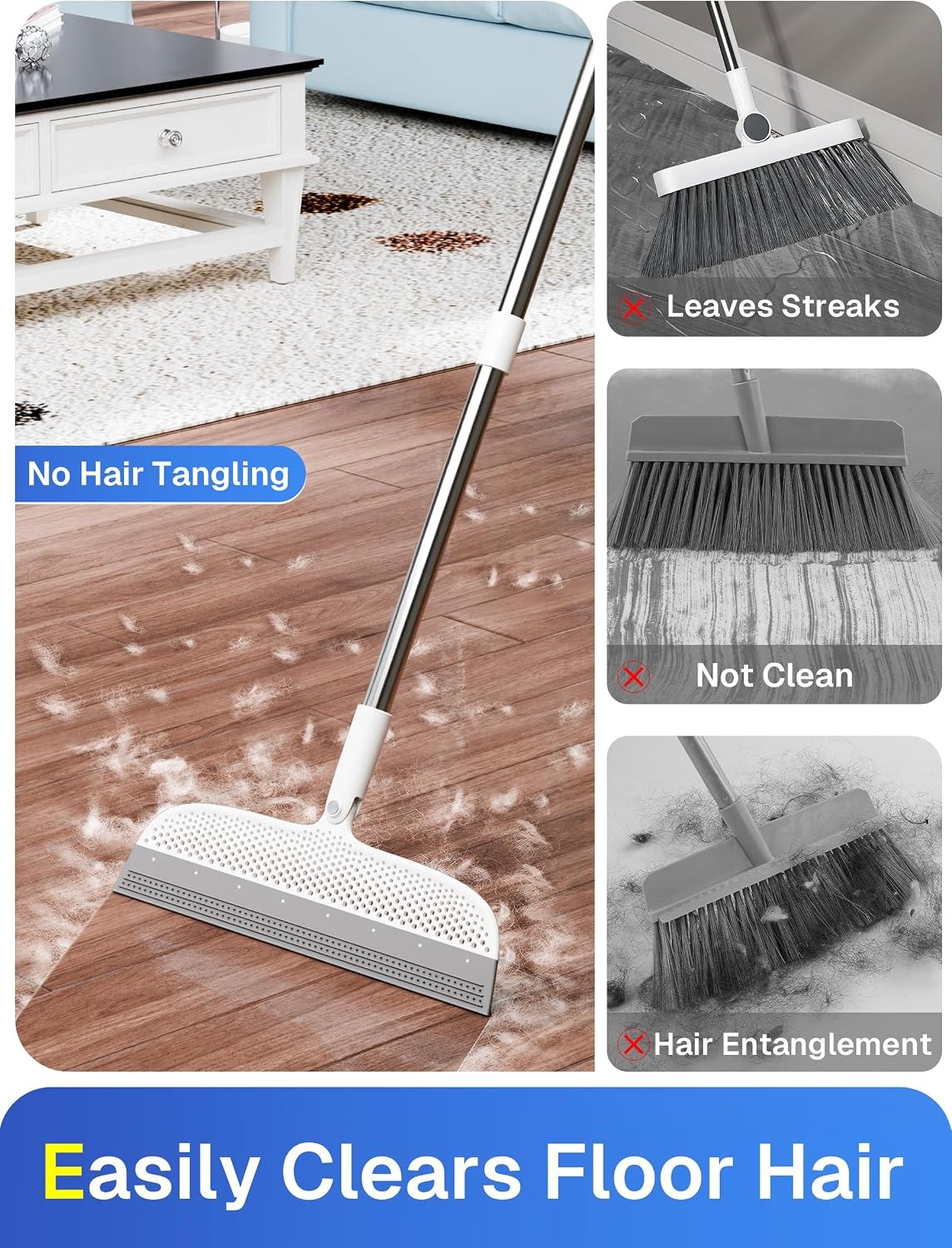 Silicone Floor Squeegee, 180° Rotating Air Broom, Squeegee for Floor with a Long