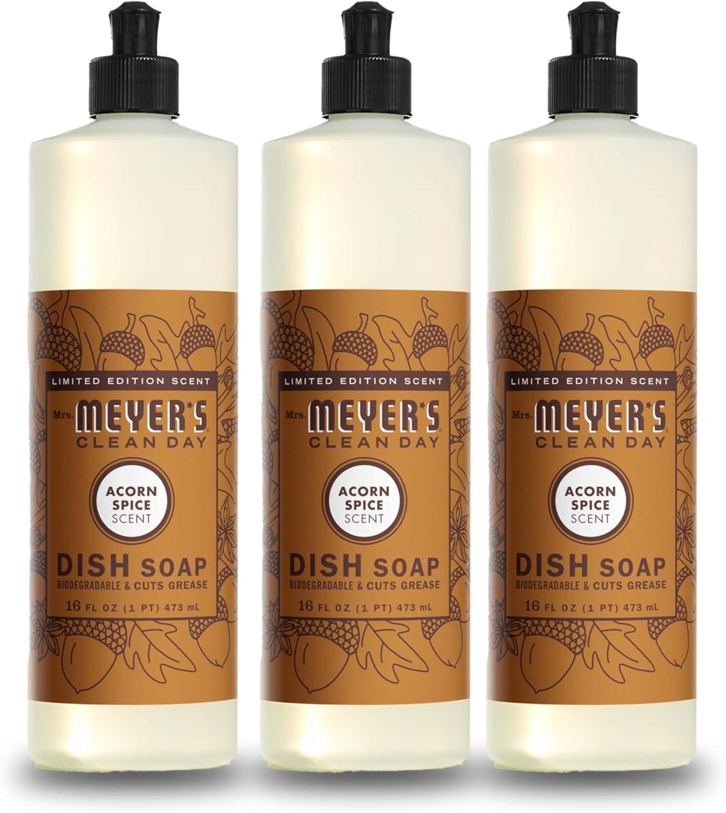 MRS. MEYER’S CLEAN DAY Liquid Dish Soap Acorn Spice 16 fl. oz – Pack of 3