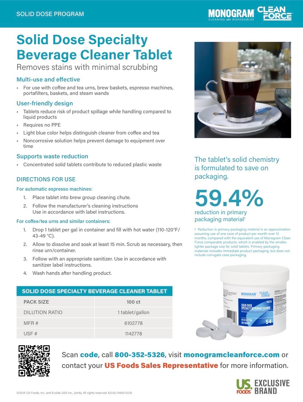 Monogram Clean Force Solid Dose Specialty Beverage Cleaner – 100 Tablets 6102778
