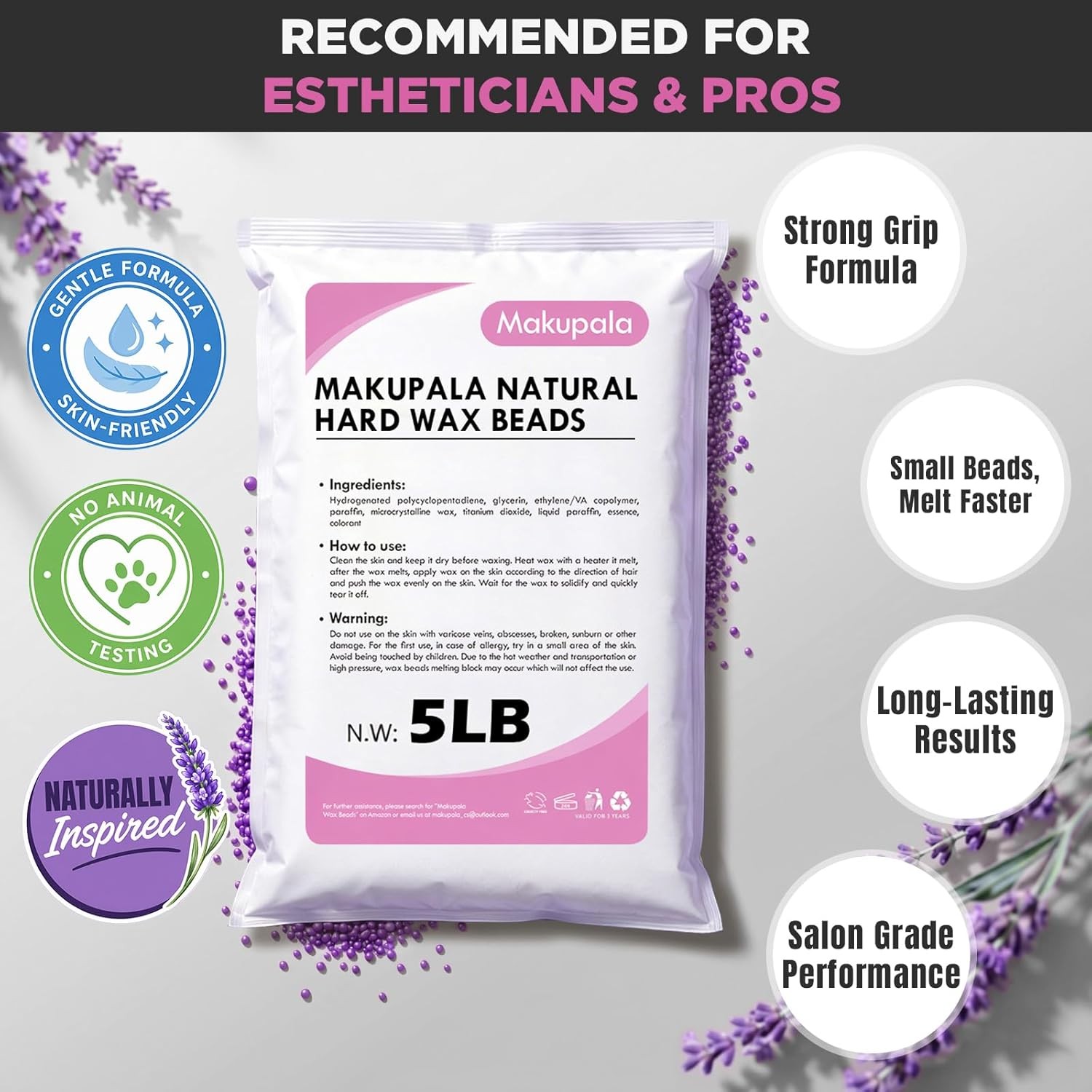 5LB Lavender Hard Wax Beads, Stripless Bulk Wax for Full Body, Brazilian, Biki