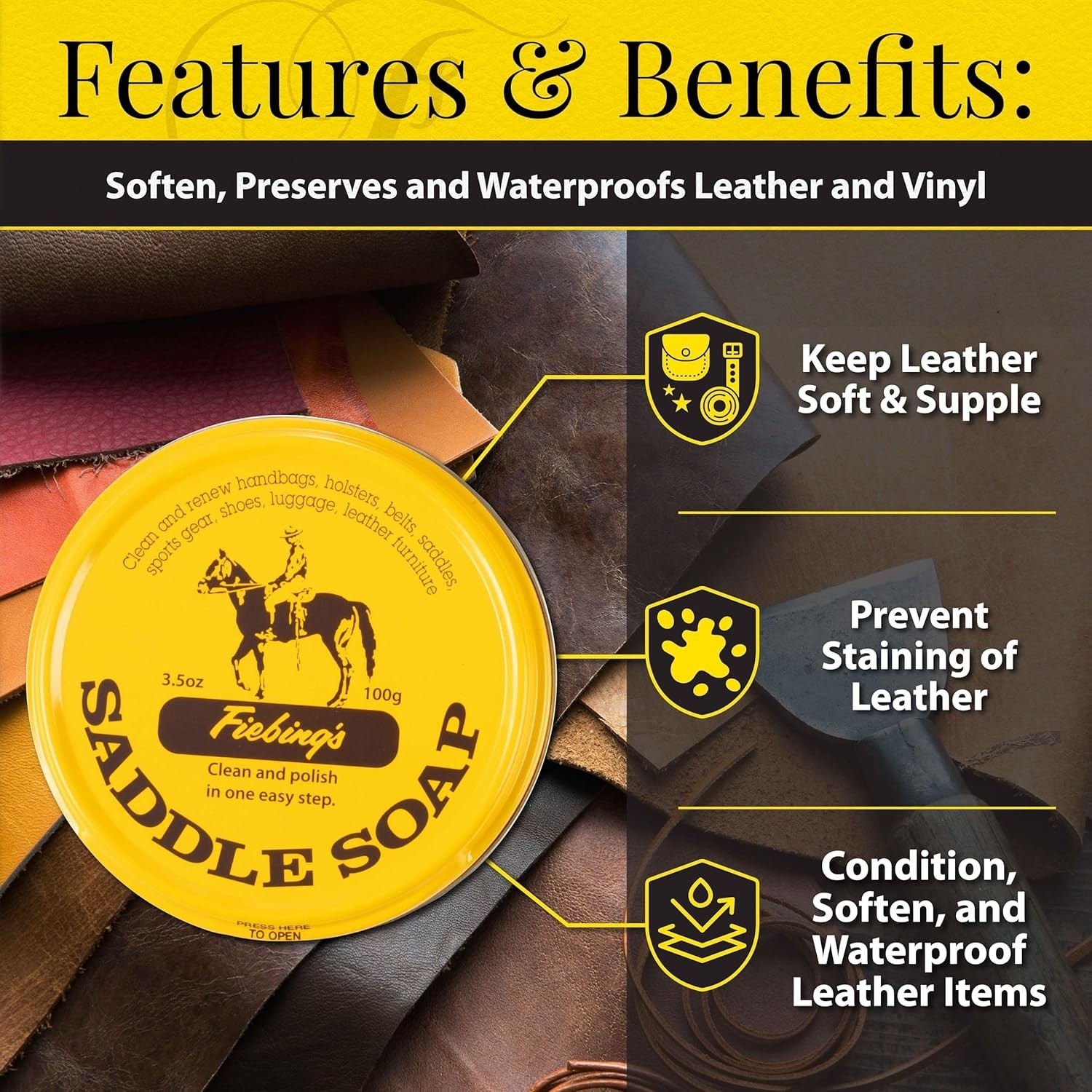 3.5 oz Fiebing’s Saddle Soap – All-in-One Leather Cleaner & Conditioner Paste
