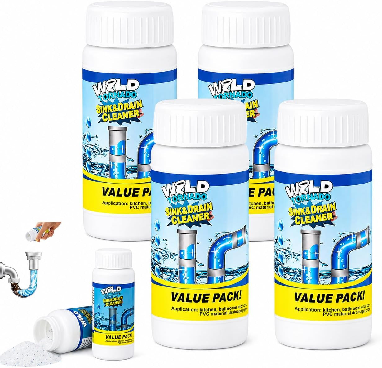 Wild Tornado Sink and Drain Cleaner, Drain Clog Remover & Opener (4Pcs) | Wild T