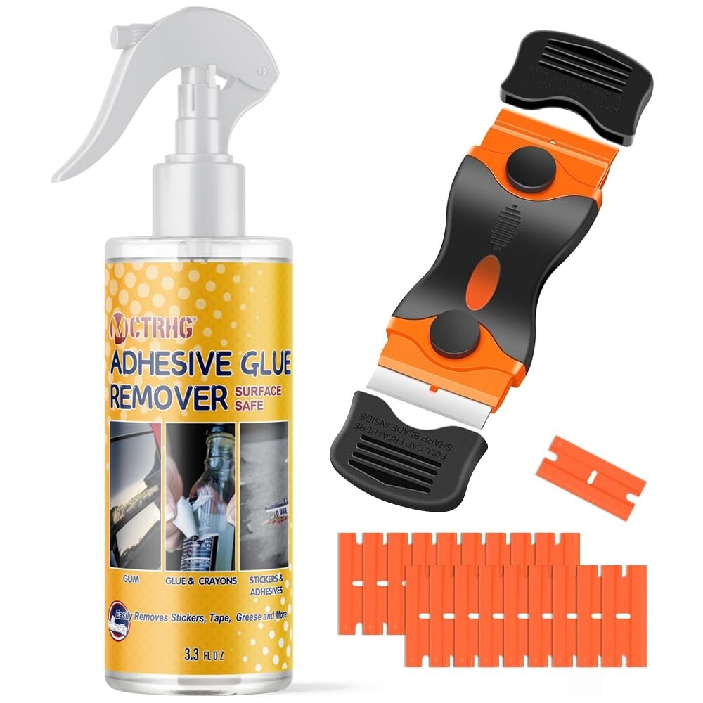 Dual-Ended Scraper & 3.3 fl.oz Adhesive Remover Spray – Safe for All Surfaces
