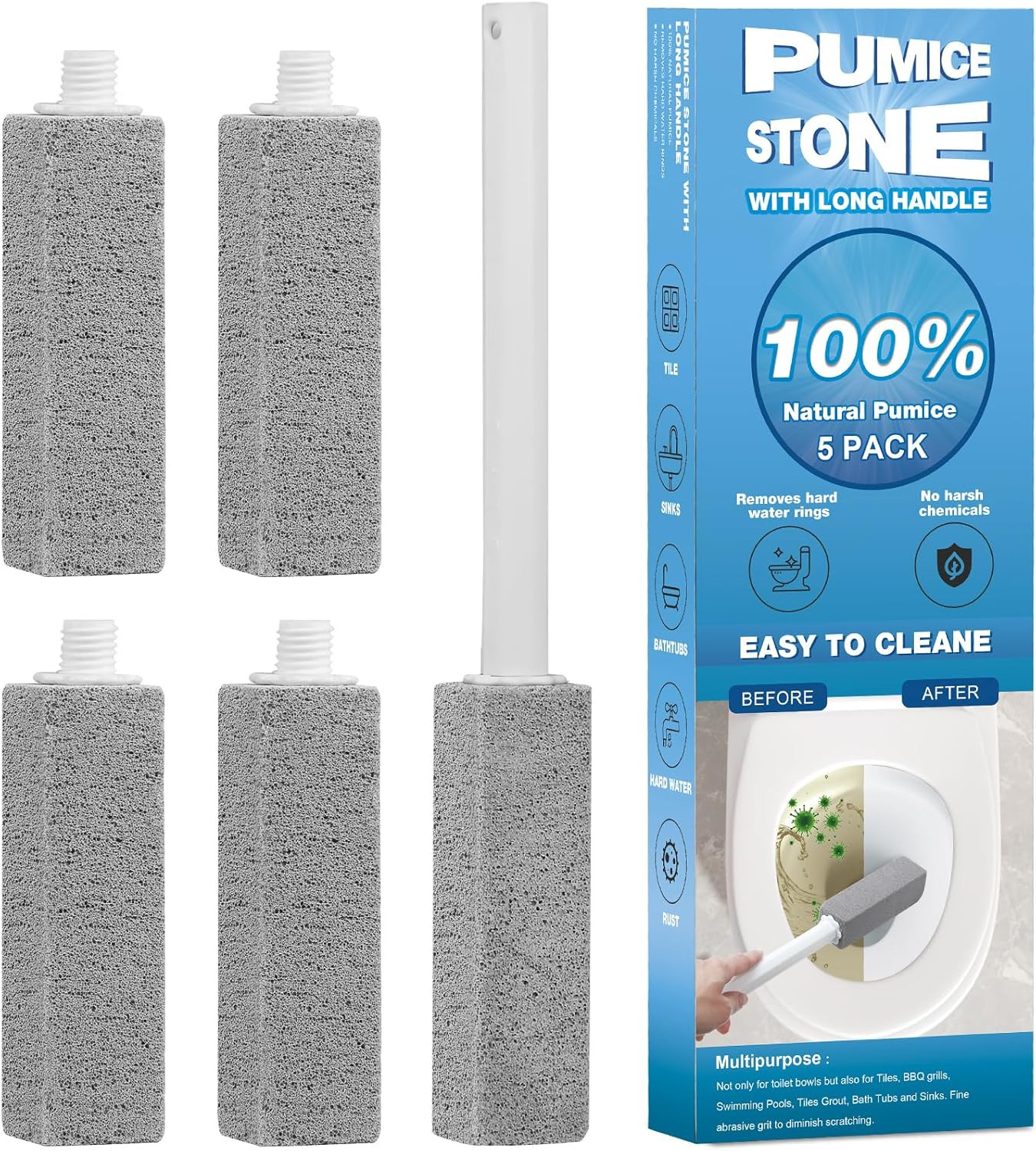 5 Packs Pumice Cleaning Stone with Extra Long Handle, Pumice Stone for Toilet Bo