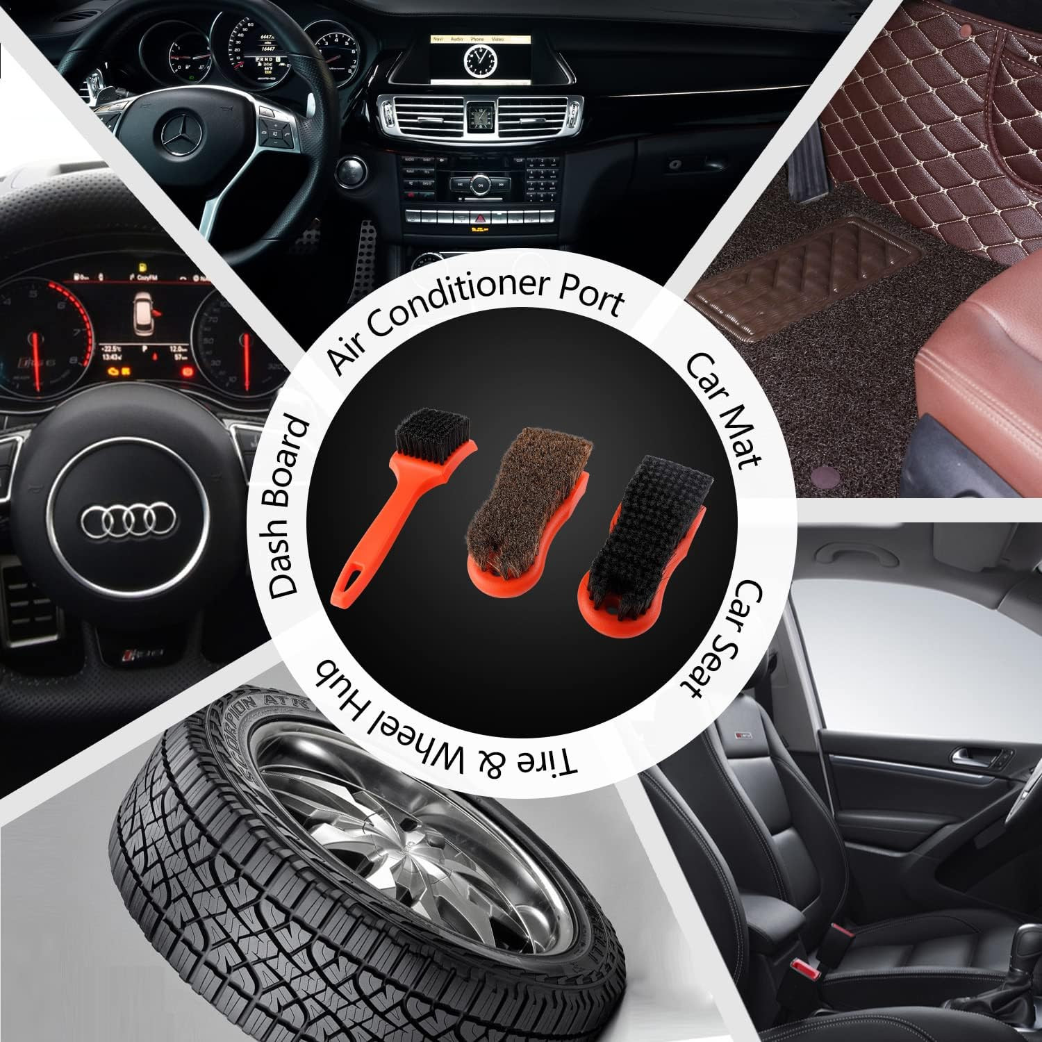 Set 3 Cepillos Detallado Auto Cuero Textil Interior Dashboard Rines Asientos Kit