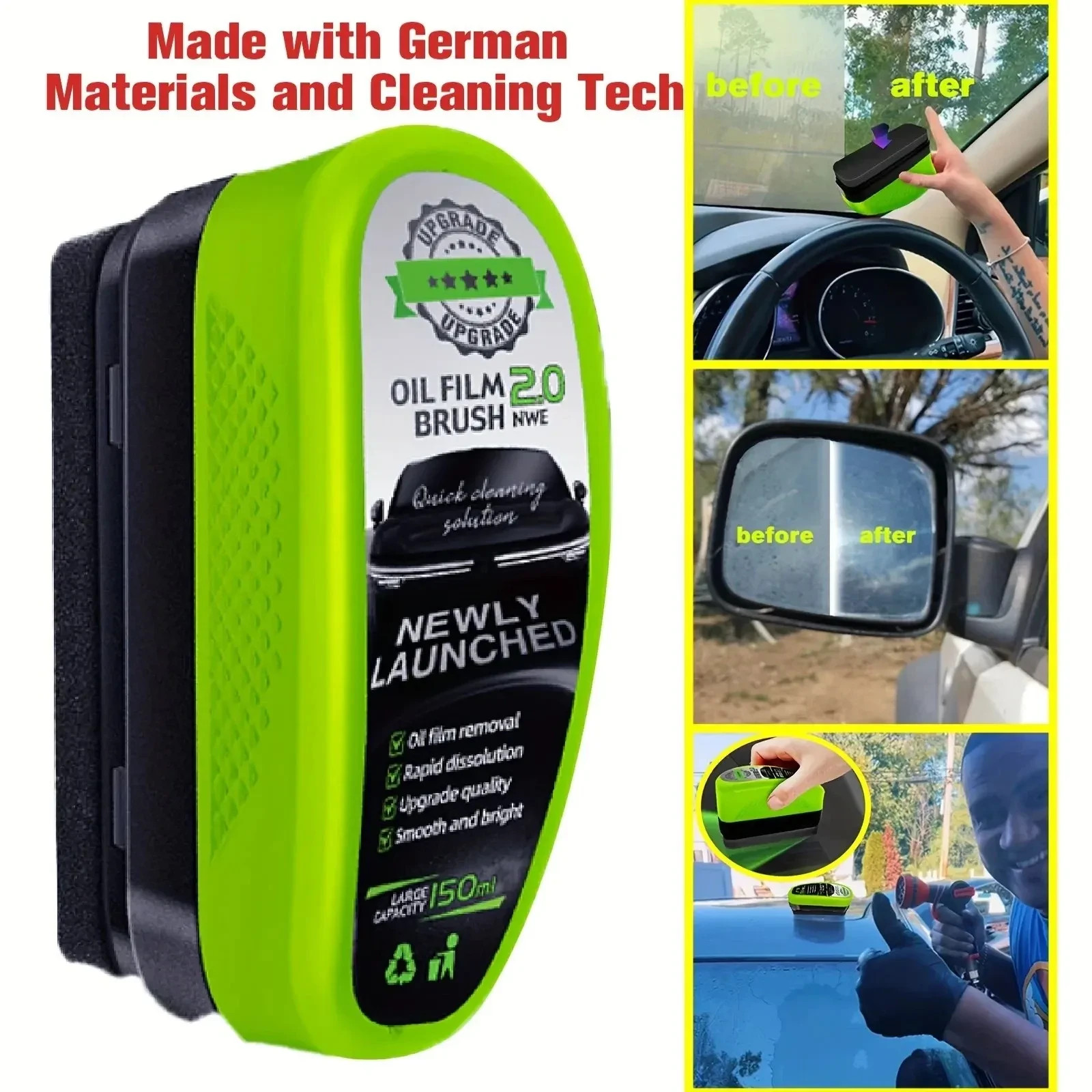 150ml Car Glass Oil Film Remover – Windshield Cleaner Brush, Water Repellent