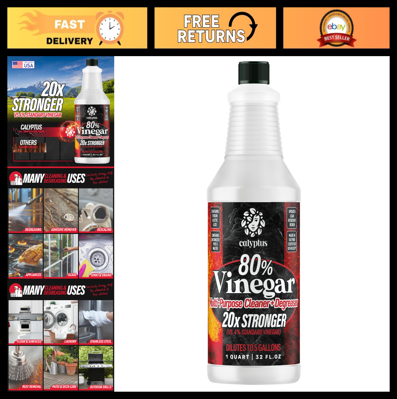 80% Pure Concentrated Vinegar | Ultra-Performance Cleaning Solution | 1 Quart