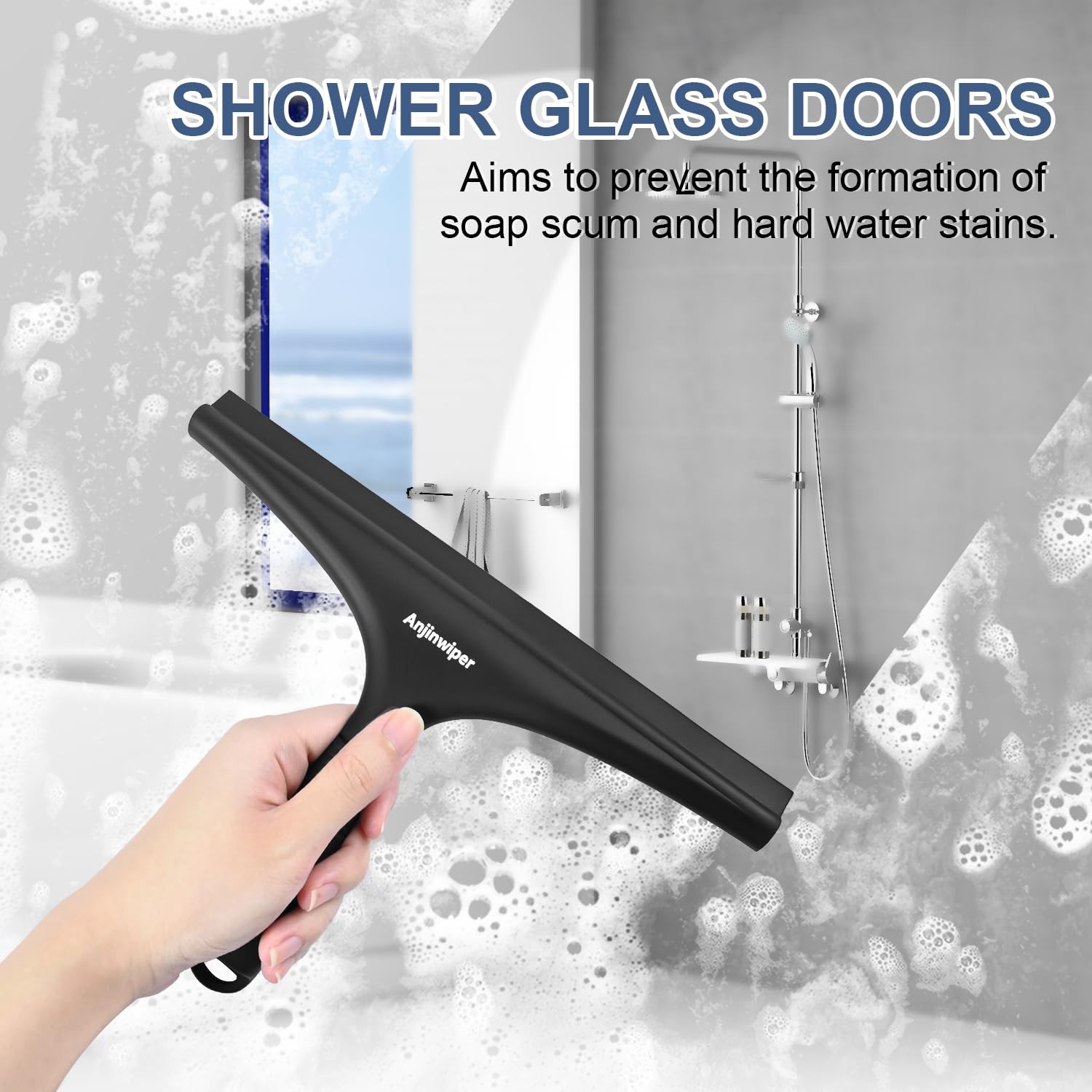 “10 Inch Black Shower Squeegee for Glass Doors, Mirrors, Tile, Bathroom”