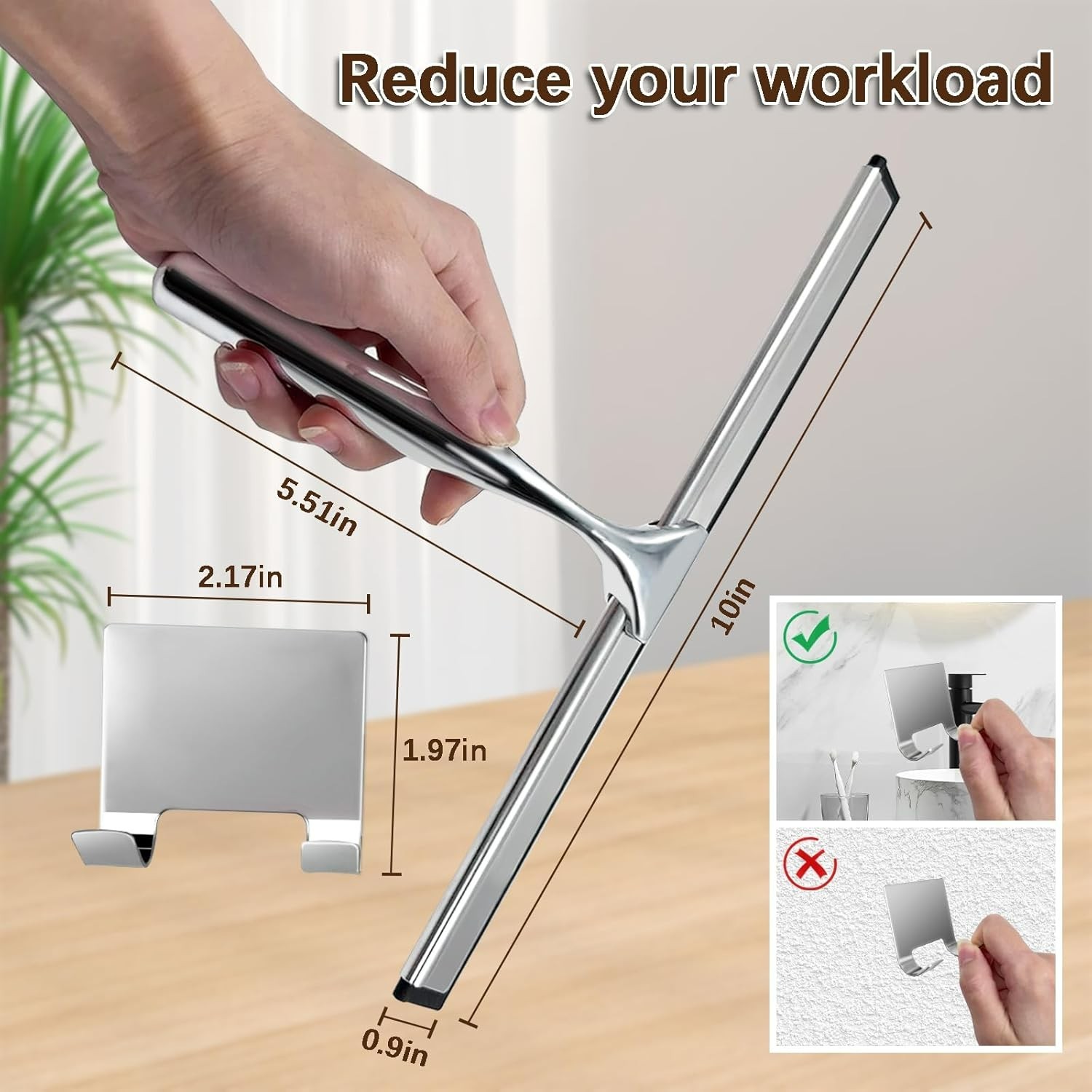 Limpia Vidrios Acero Inoxidable 10 Pulgadas con Gancho Adhesivo para Bano