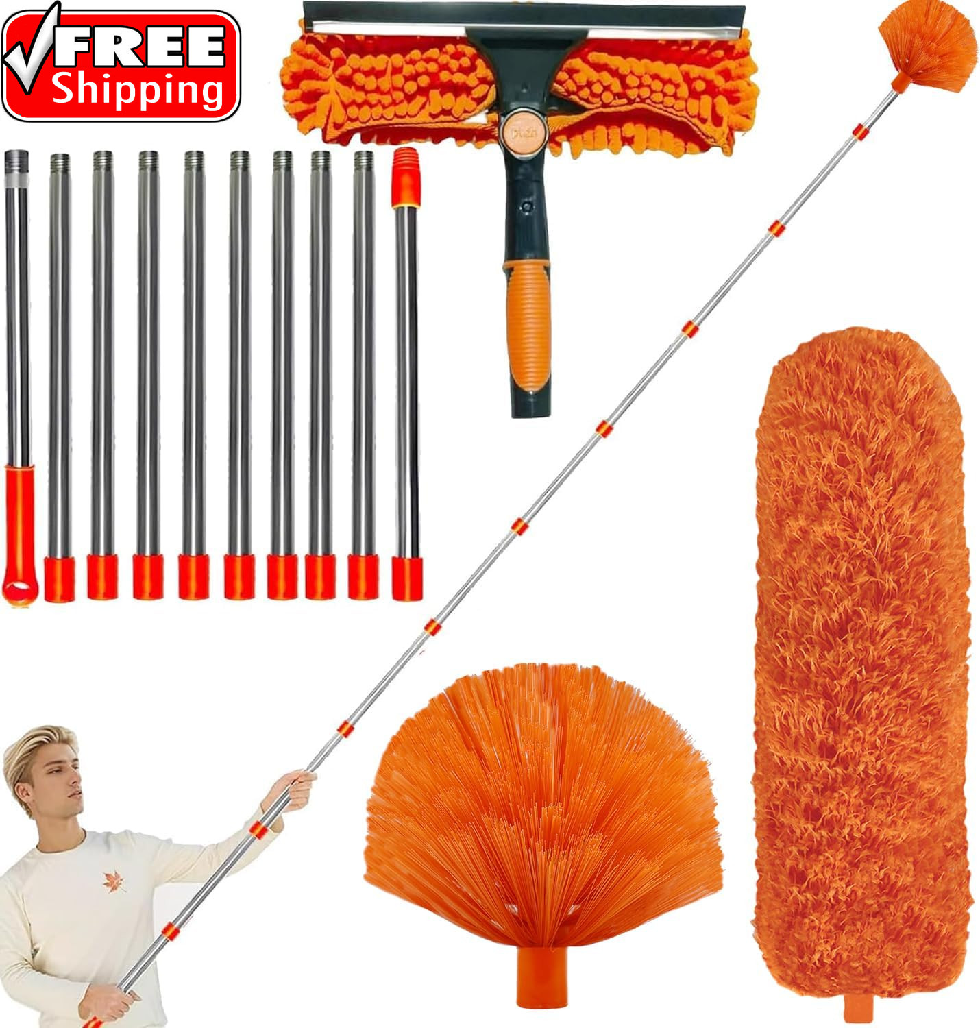 20+ Feet High Reach Dusting Kit with 3-14 Ft Extension Pole //2 in 1 Window Clea