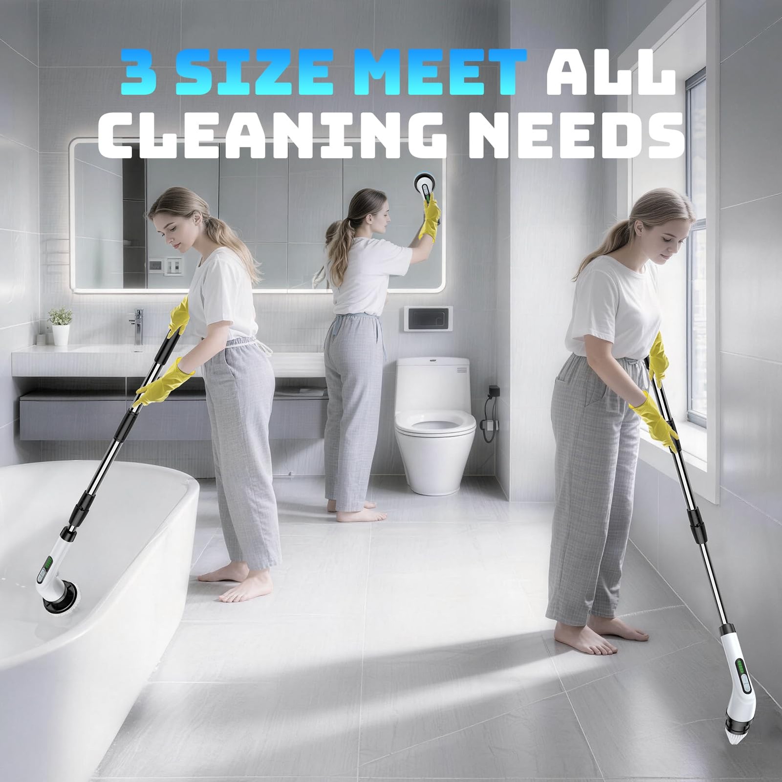 Electric Spin Scrubber, 2Speed Cleaning Brush, Extendable Handle White