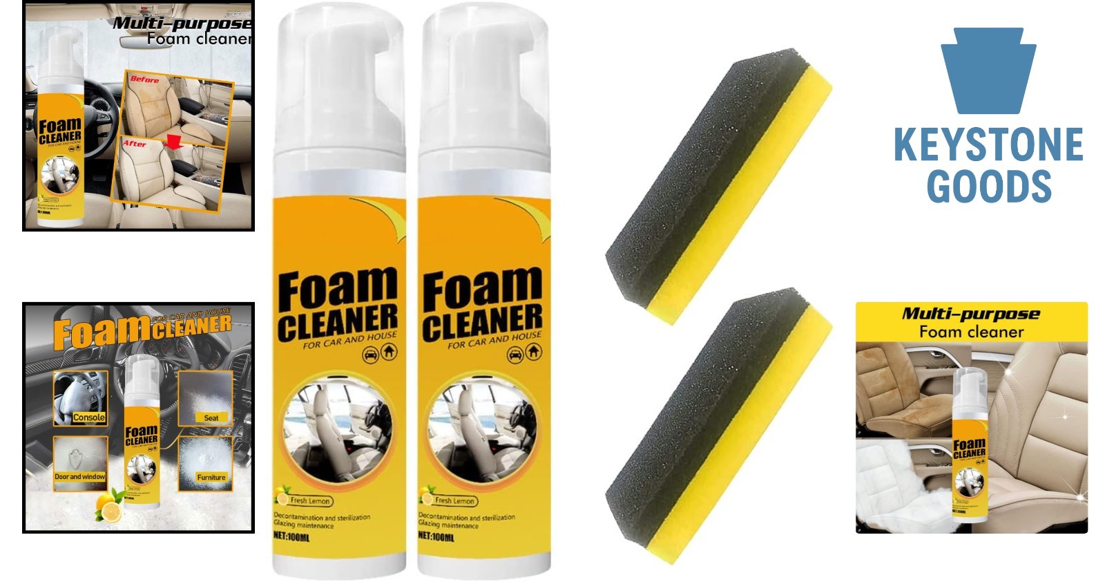 2 Pack Multi-Surface Foam Cleaner Spray for Car & Household – Lemon Scent