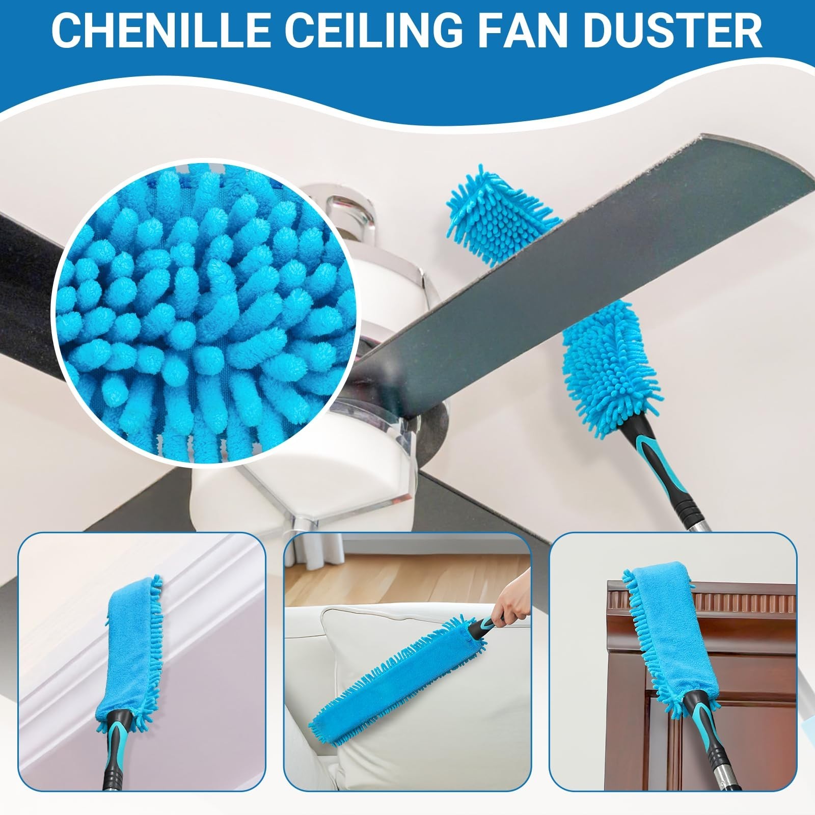 20FT High Ceiling Fan Duster with 5-12FT Extendable Pole, Reusable Cobweb & Dust
