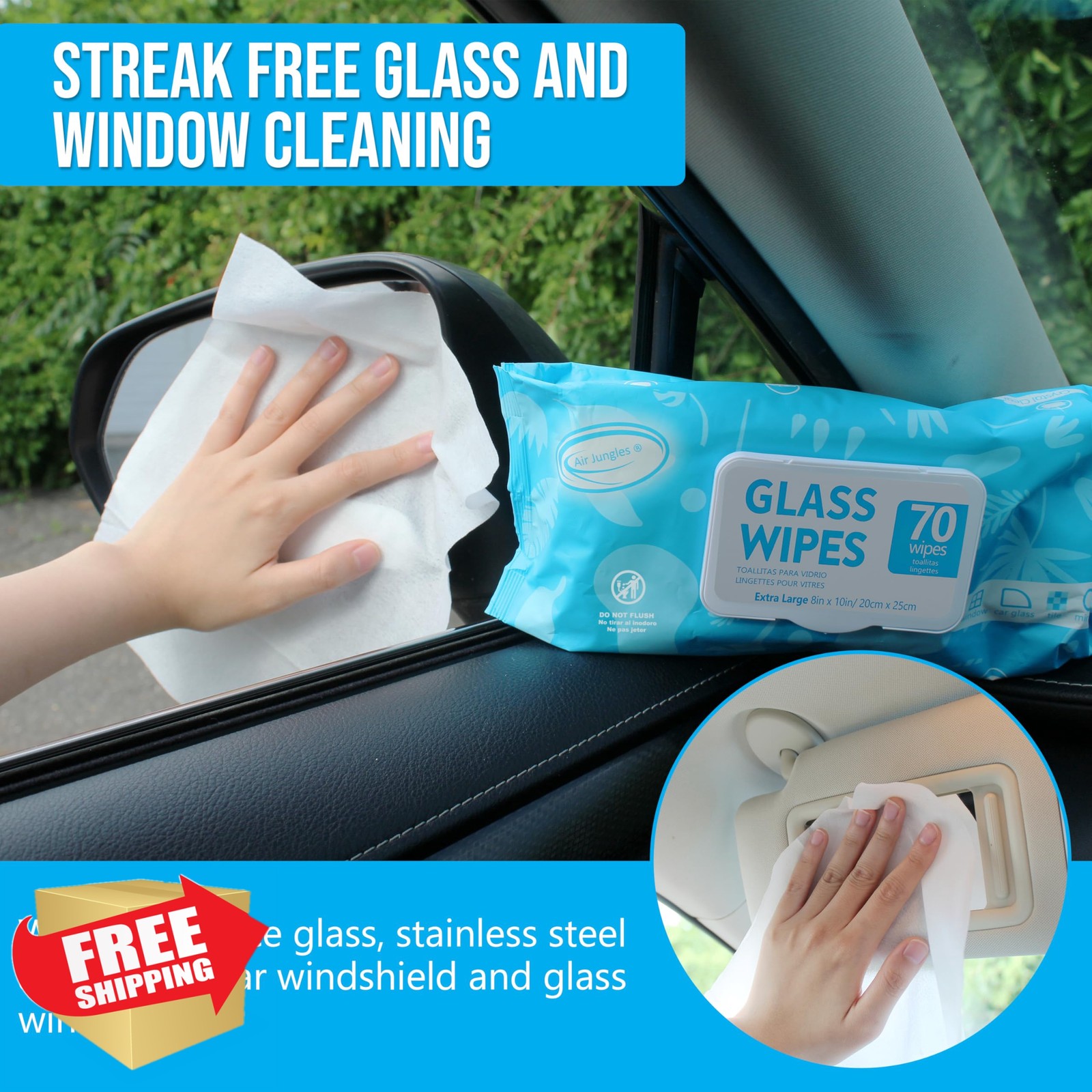 Air Jungles Glass Wipes 70 Count Pack 2 XL