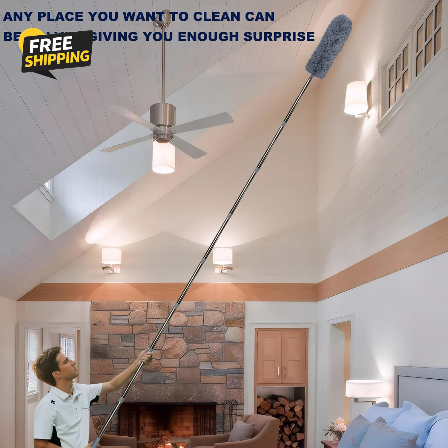 20Ft High Reach Cobweb Duster Kit Extension Pole Ceiling Fan Feather Duster Set