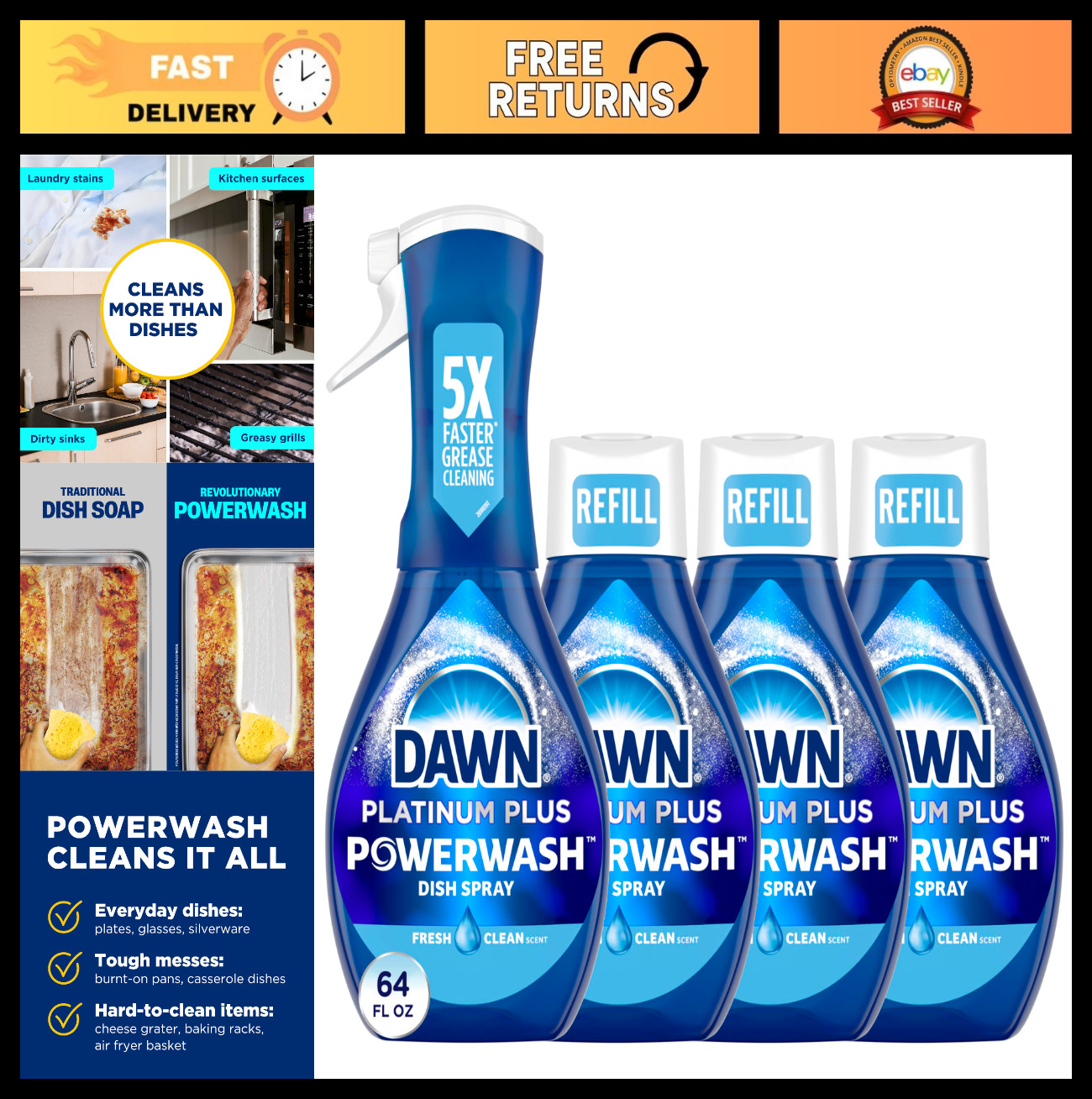 Powerwash Dish Soap Spray Starter Kit + 3 Refills, Fresh Scent, 4×16 Fl Oz