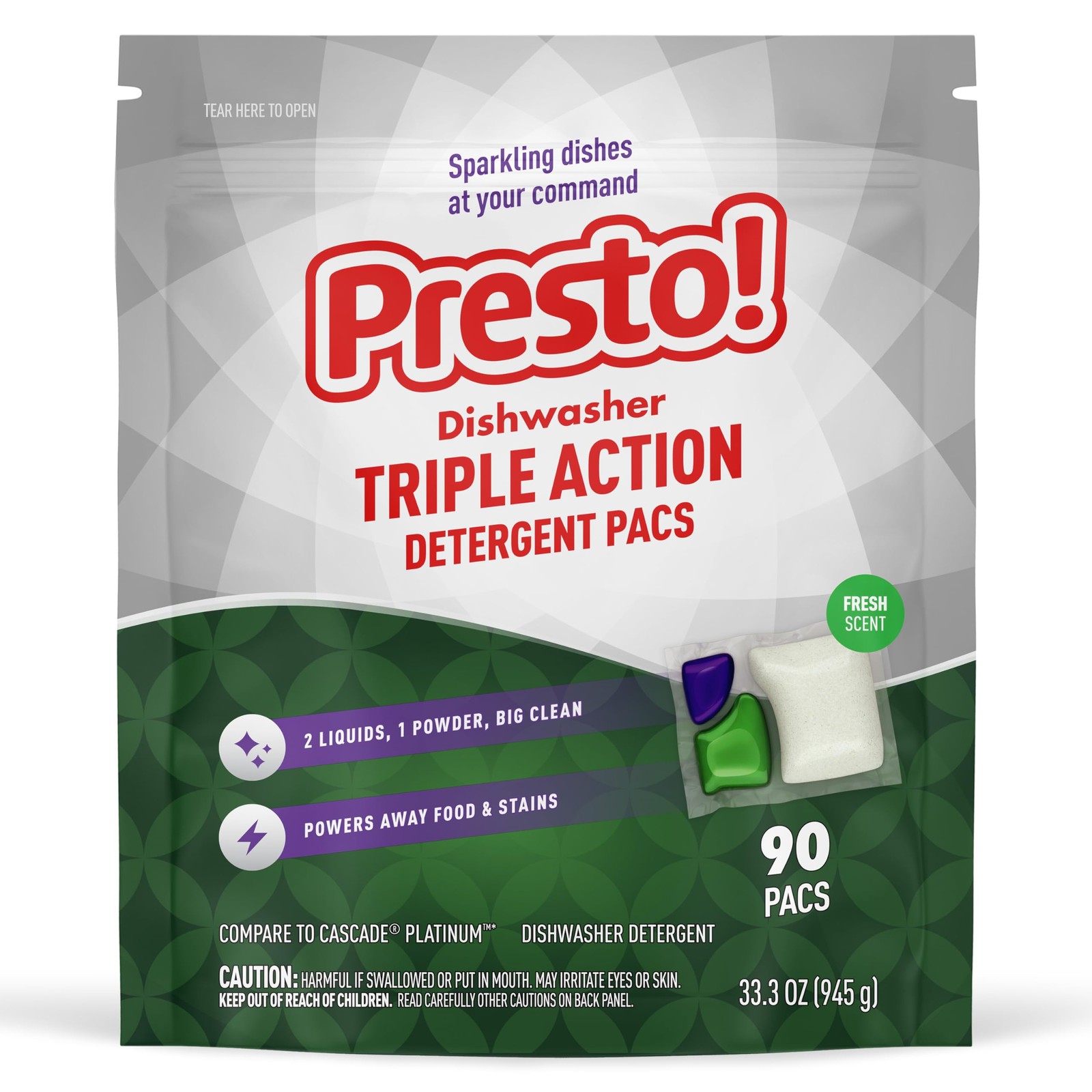 Presto! Triple Action Dishwasher Pacs Fresh Scent 90 Ct – Powerful Cleaning Tabs