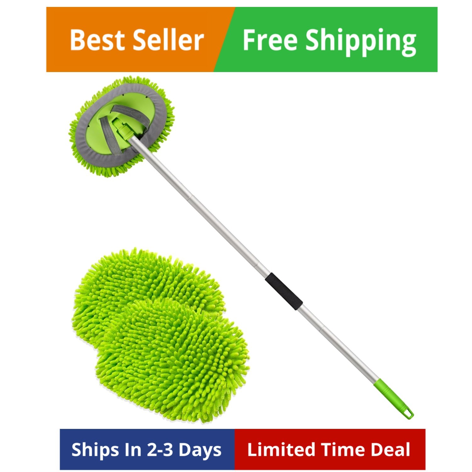 62″ Microfiber Car Wash Brush Mop Kit Mitt Sponge with Long Handle Car Cleani…