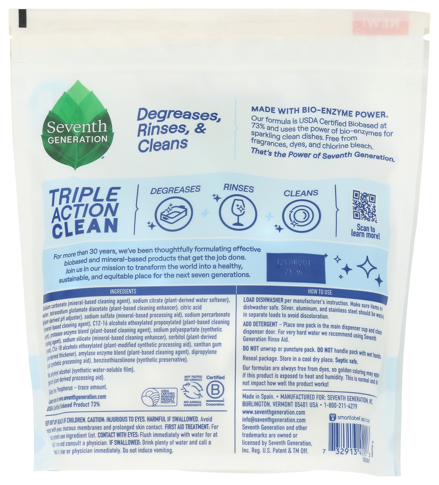Seventh Generation Free And Clear Dishwasher Detergent Packs 6 Pack