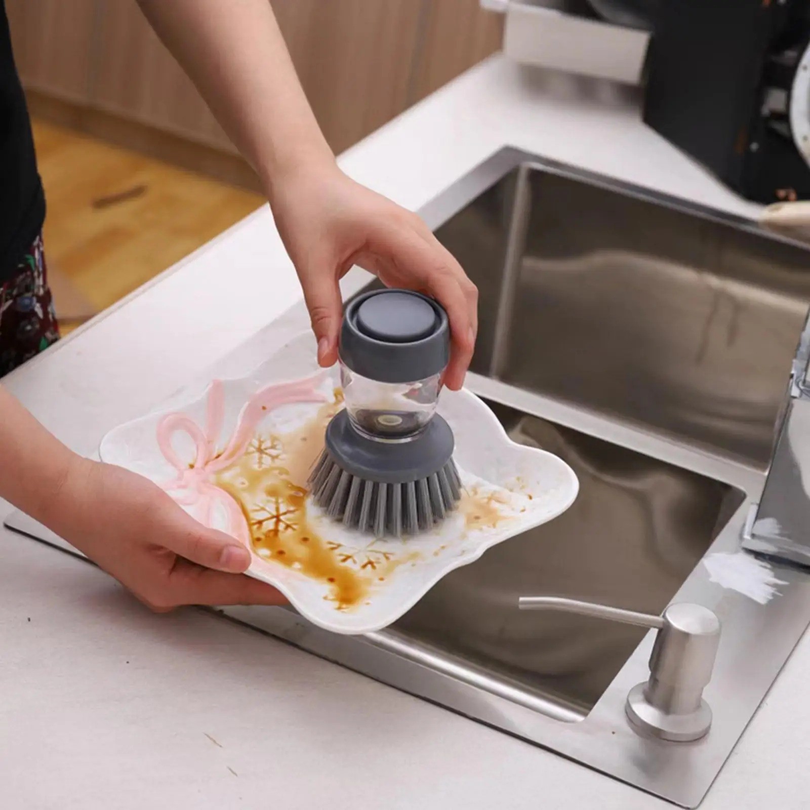 Steel Dish Scrubber Soap Dispensing Brush Storage Set Pot Scouring Pad Kitchen