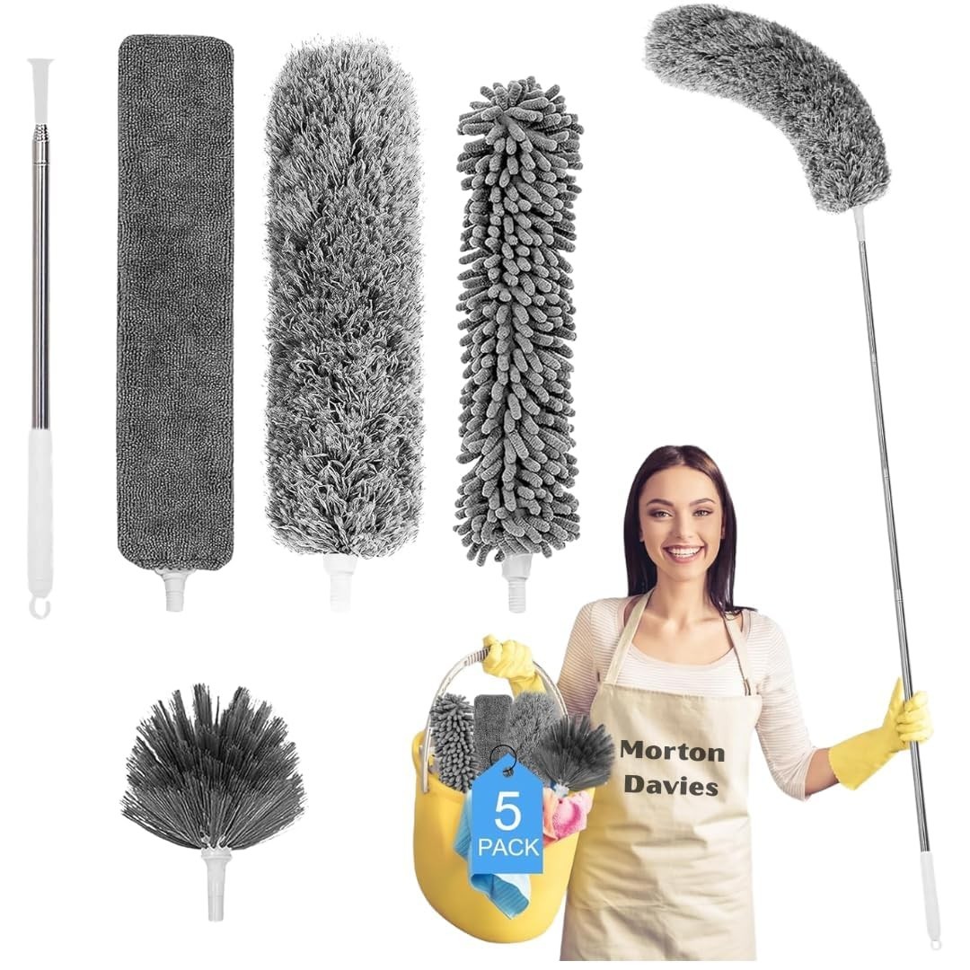 5 in 1 Microfiber Feather Duster 5 PCS Bendable & Extendable Fan Cleaning (grey)