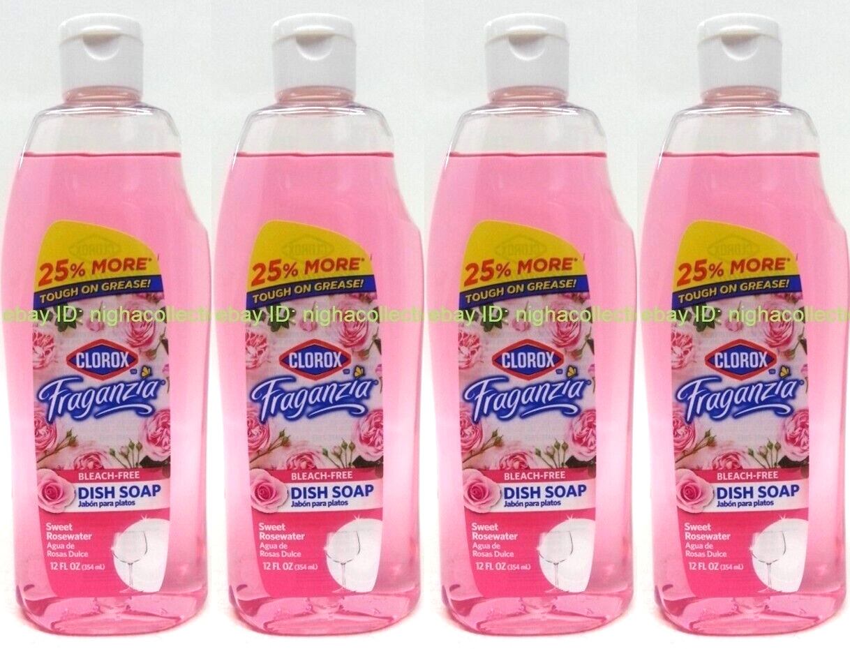 ( 4 Bottles )Clorox Fraganzia SWEET ROSEWATER Dish Soap Bleach Free 12 oz Each