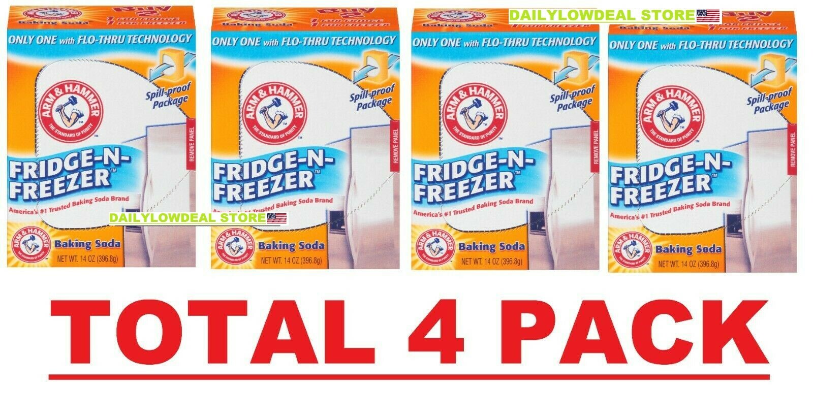 Arm & Hammer Baking Soda Fridge-n-Freezer Odor Absorber, 14 oz, TOTAL 4 PACK!!