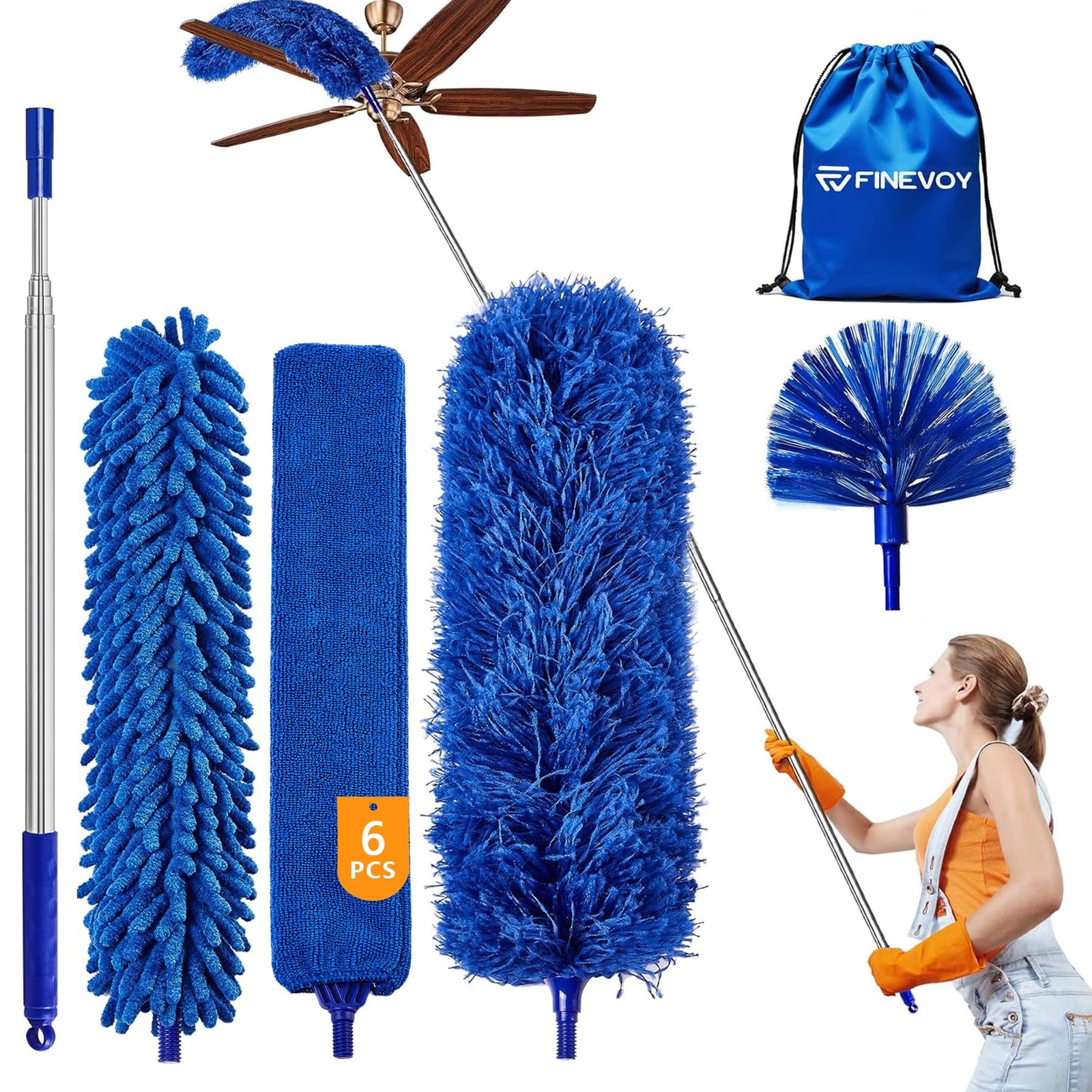 Dusters 6-in-1 Kit with Extension Pole 100 Inches for Cleaning Cobweb Microfiber