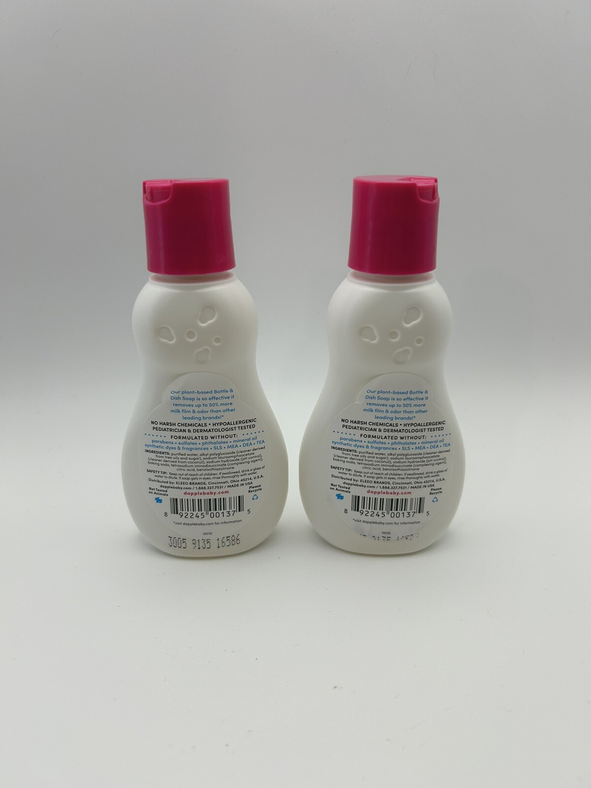 2- Travel-Size Dapple (Fragrance Free) Baby Bottle & Dish Soap 3oz/89ML