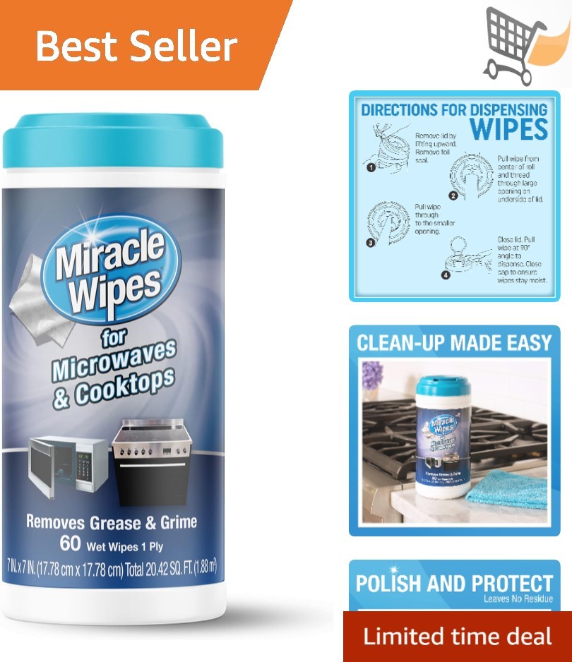 Microwave and Cooktop Cleaner Wipes 60 Ct Food Grime Oil Residue Safe Kitchen