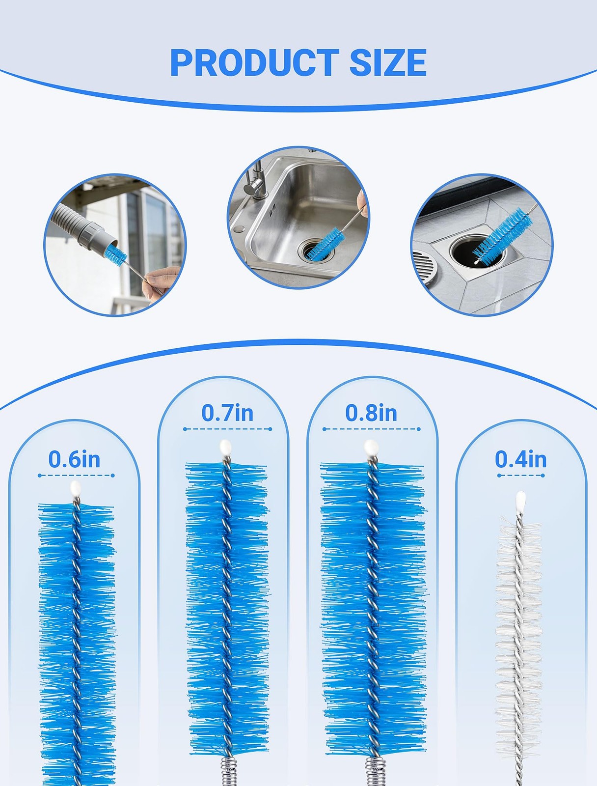 Drain Cleaning Brush, 66 Inch Double Ended Flexible Pipe Tube Cleaner with 3 …