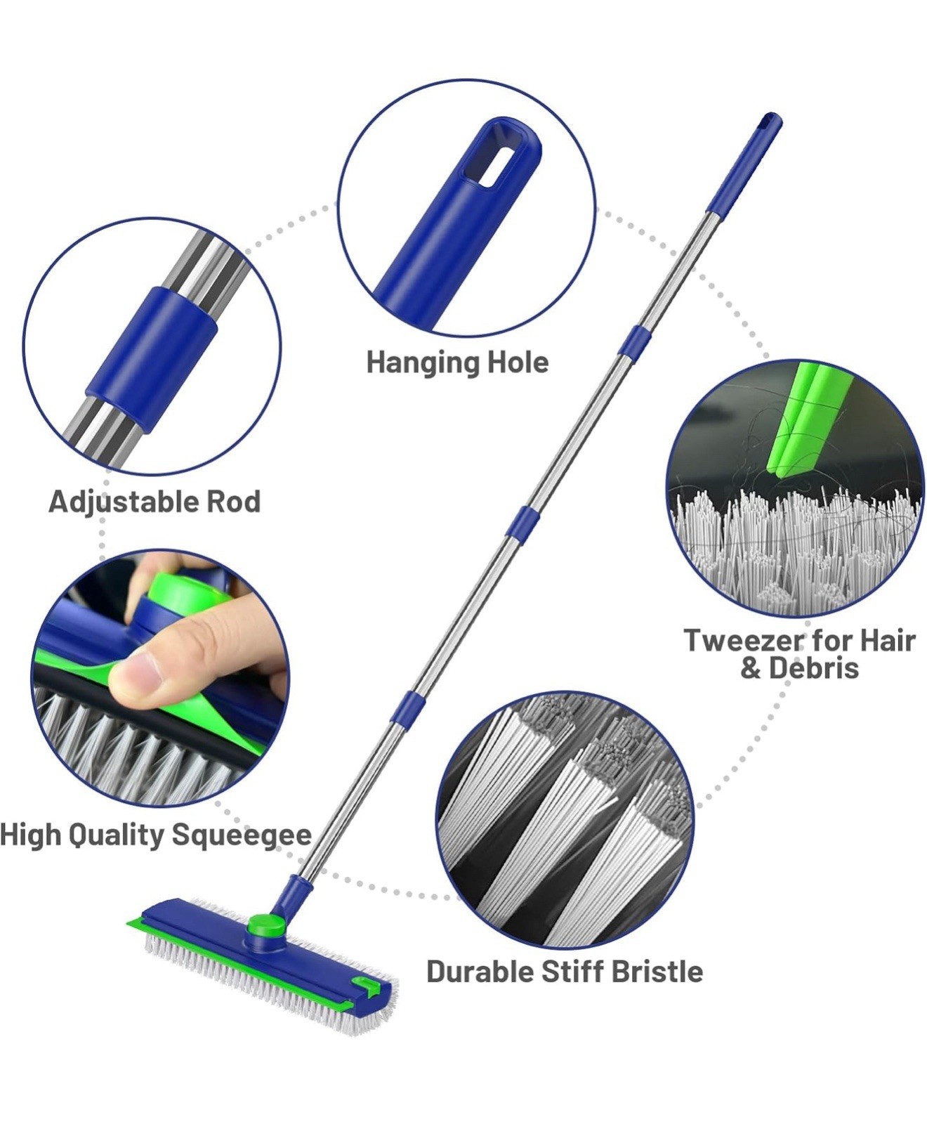 Floor Scrub Brush with Long Handle: 3 in 1 Heavy-Duty Scrubber Squeegee
