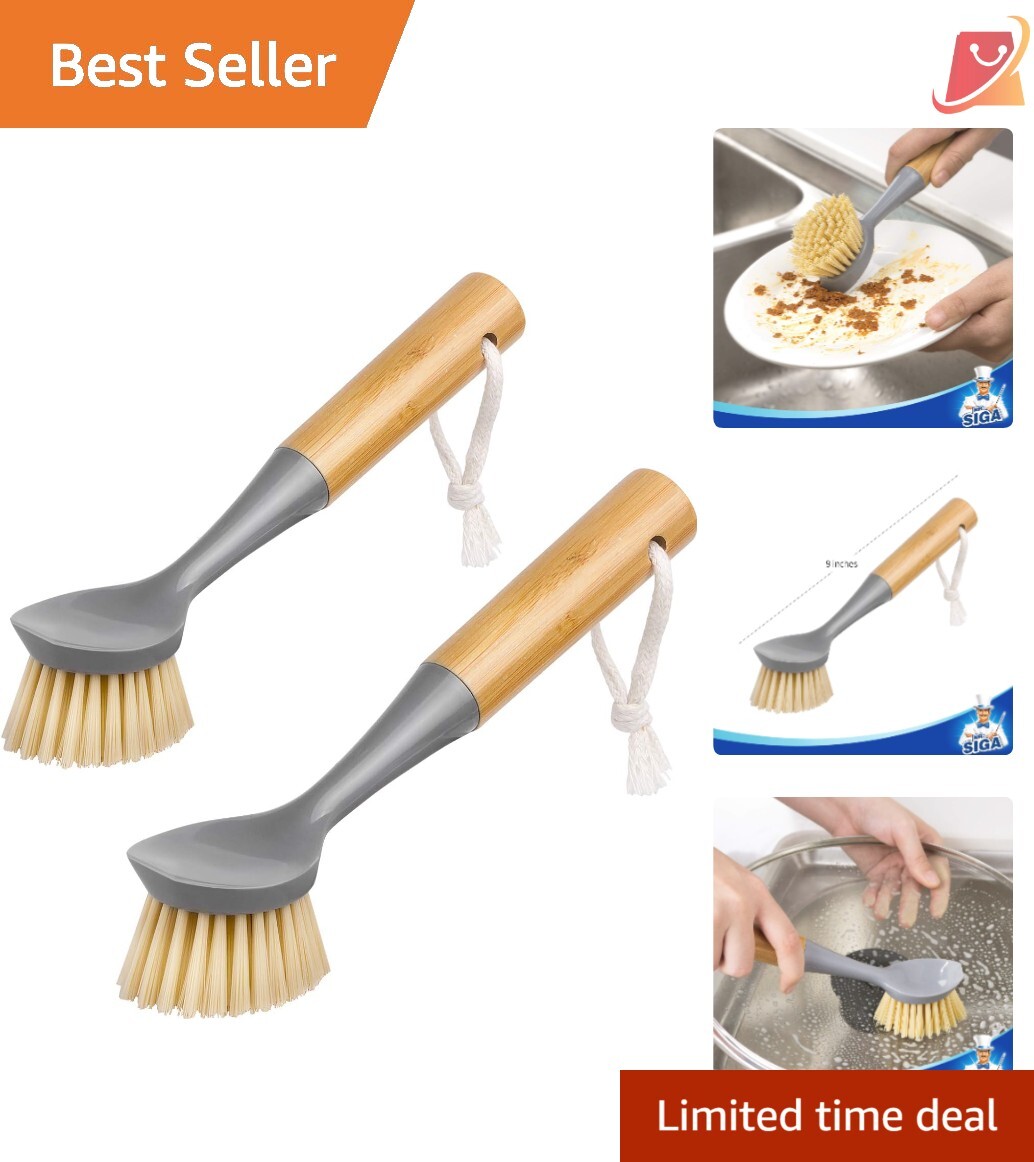 Dish Brush Bamboo Handle Pack of 2 Built-in Scraper Kitchen Sink Cleaning