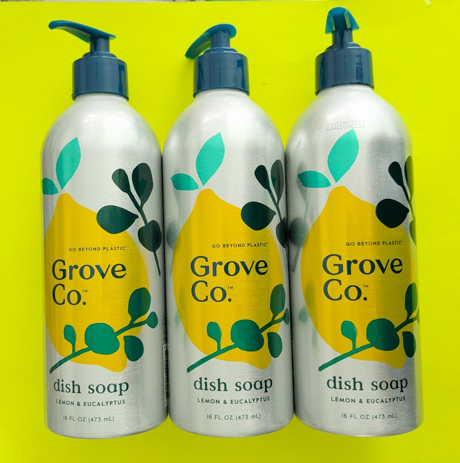 Grove Co Dish Soap Lemon & Eucalyptus Metal Bottle with Pump 16 oz – Lot of 3