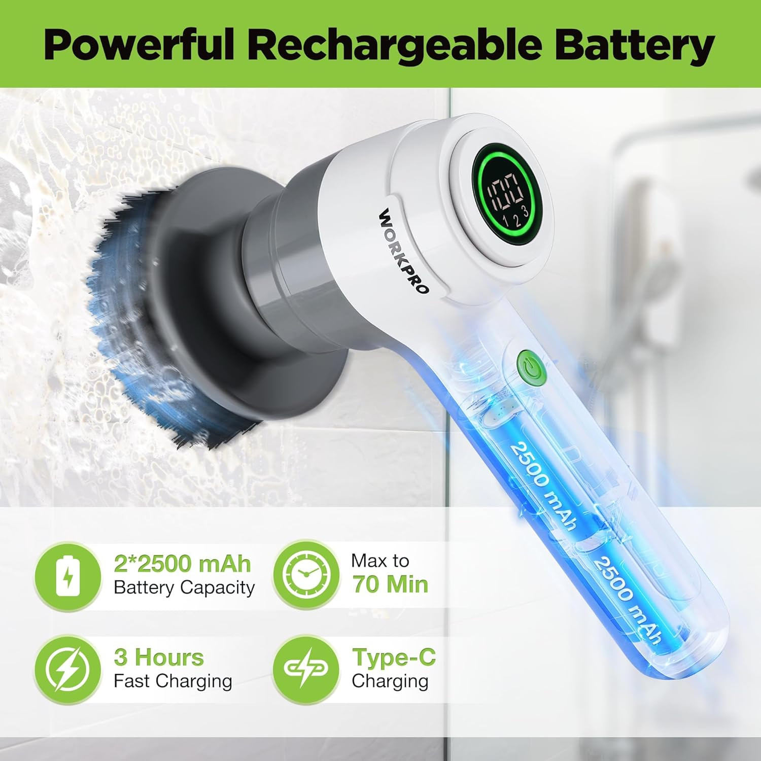 8V Electric Spin Scrubber, 3-Speed Adjustable Shower Scrubber with 6 Replaceable