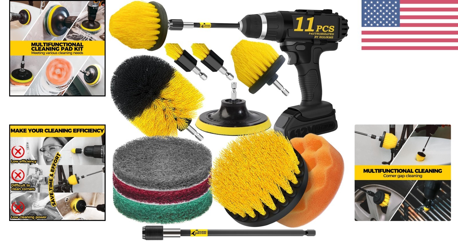 Versatile 11-Piece Power Scrubber Brush Set for Fast Bathroom & Kitchen Cleaning