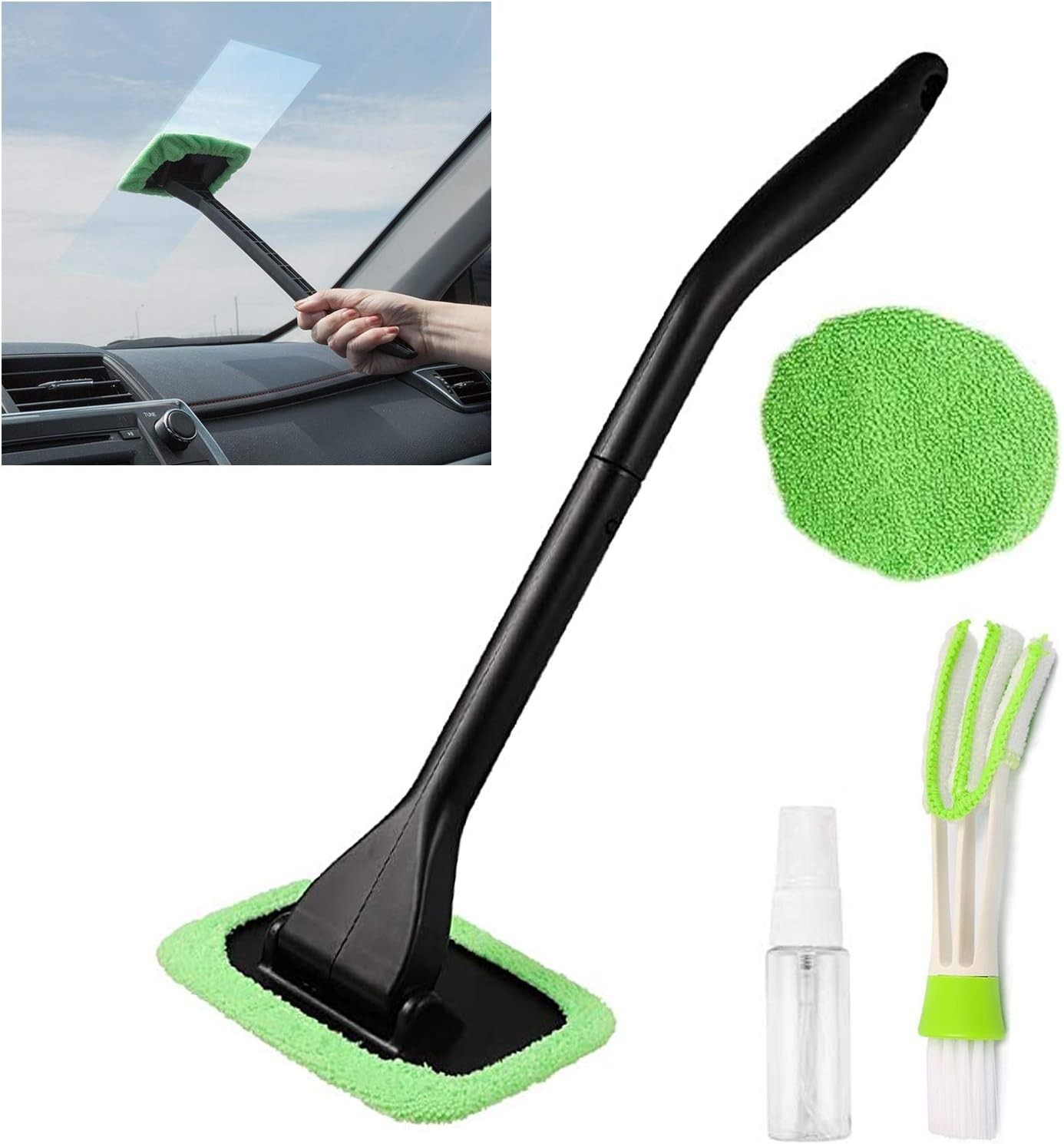 Interior Windshield Cleaner Tool, Reusable Pads, Extendable Handle Kit