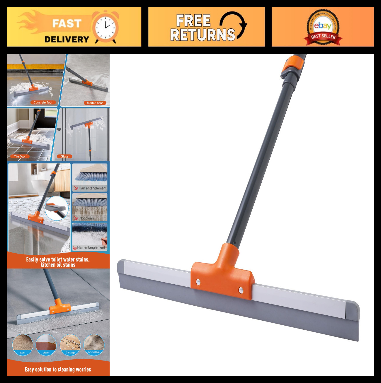 Heavy Duty Rubber Floor Squeegee for Concrete & Tile, Extendable Handle, Water R