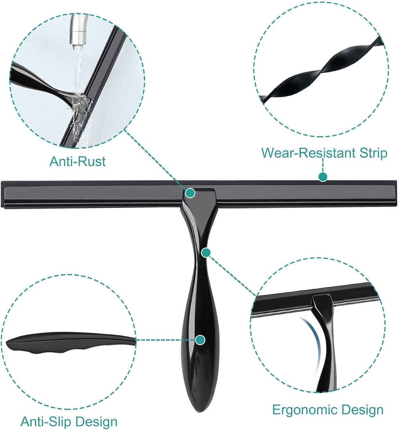 All-Purpose 14-Inch Shower Squeegee with Matte Black Finish & Hooks Included