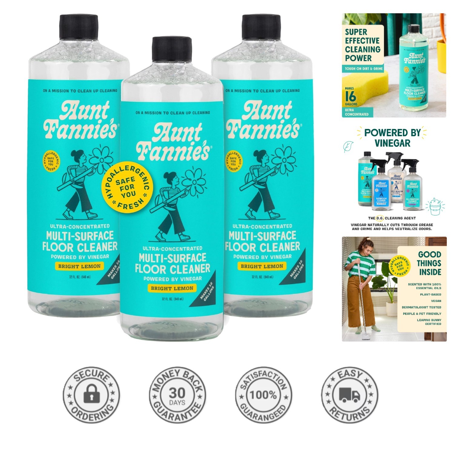 Powerful Vinegar Floor Cleaner with Lemon Scent – Safe for All Floors, 32 oz x 3