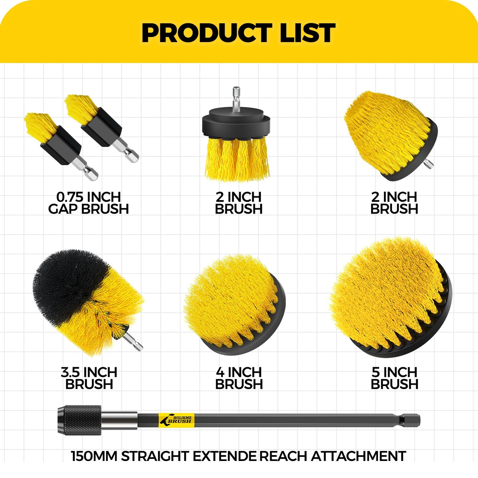 Piece Drill Brush Attachments Set with Extendable Handle, Yellow, for Cleaning
