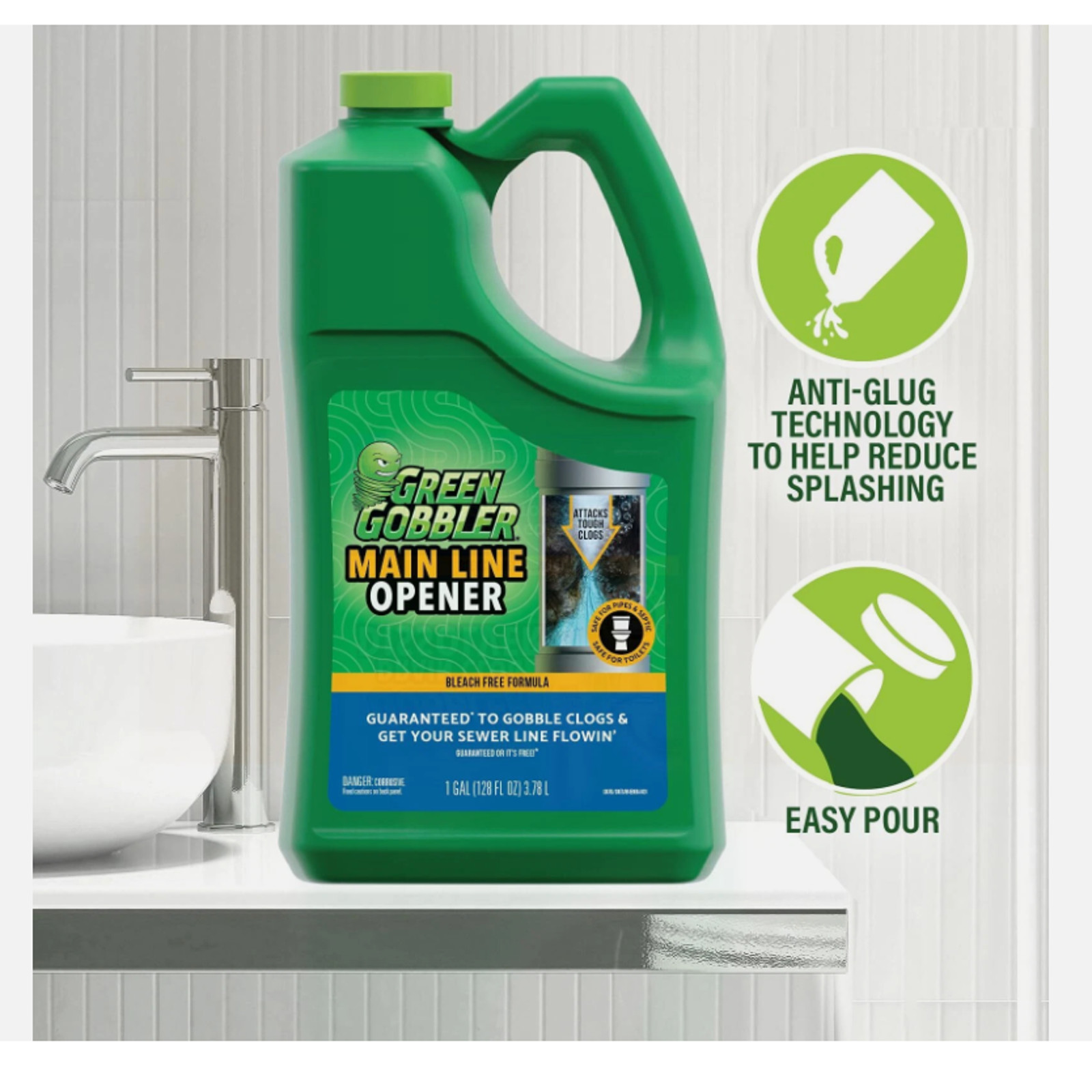2 PACK Green Gobbler Main Line & Sewer Clog Remover Drain Cleaner Hair Clog 64oz