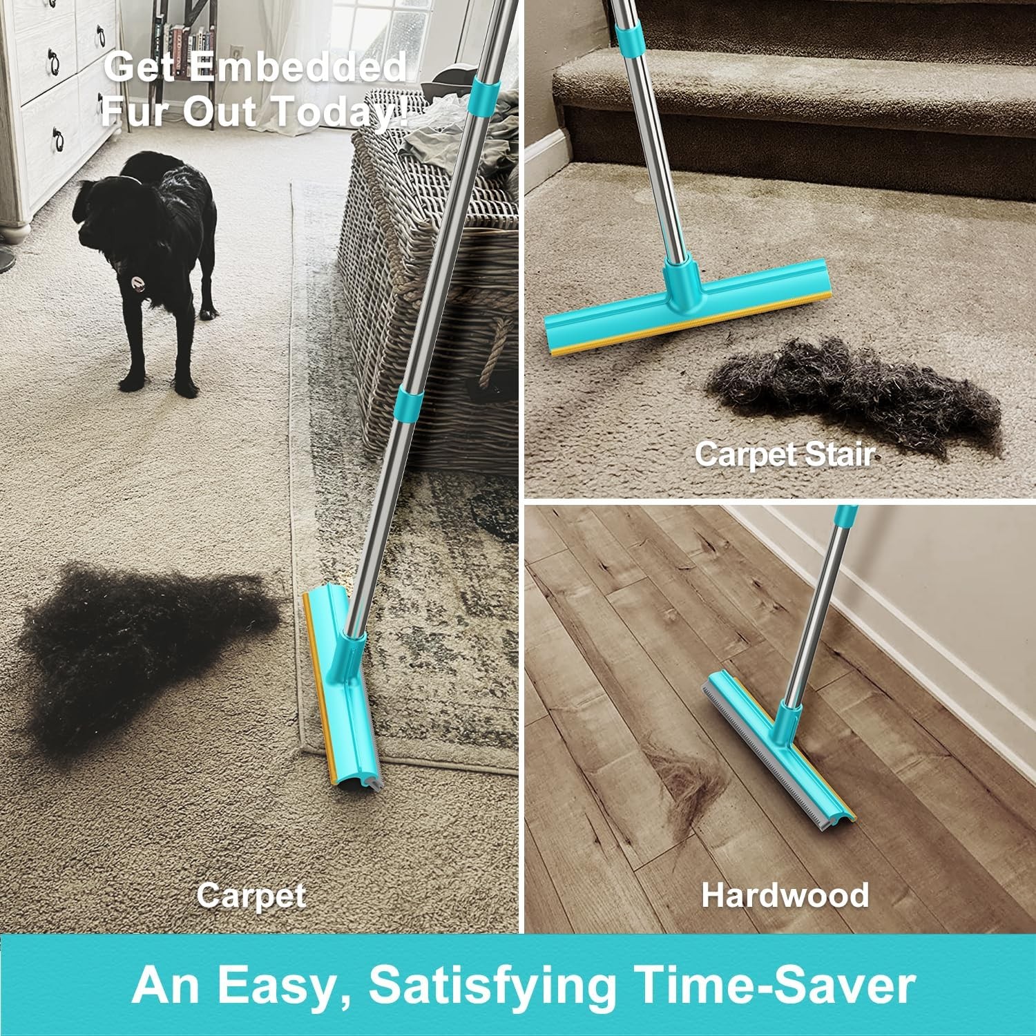 Carpet Rake for Pet Hair Removal, Dog Cat Fur Remover Rubber Broom,